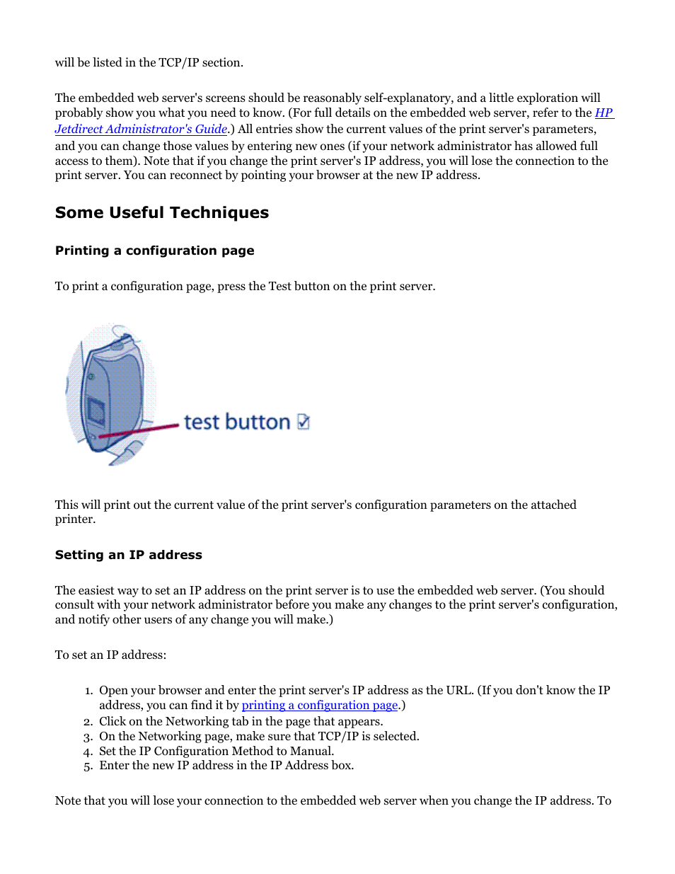 Some useful techniques, Setting an ip address, Configure the print server | With a static ip address, The ip address | HP Jetdirect 250m Print Server series User Manual | Page 72 / 181