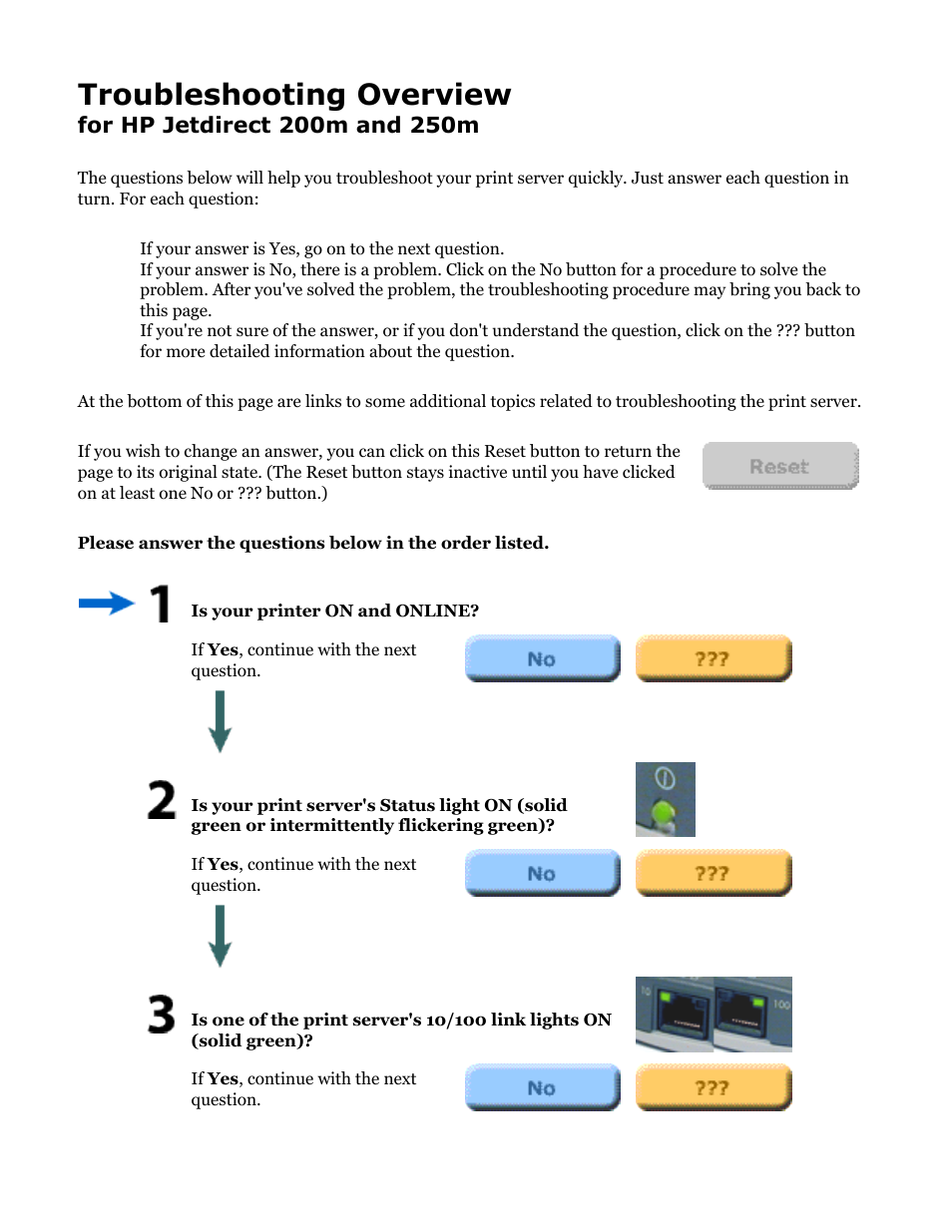 Hp jetdirect troubleshooting, Hardware troubleshooting, Click here to continue | With the hardware, Troubleshooting overview | HP Jetdirect 250m Print Server series User Manual | Page 74 / 181