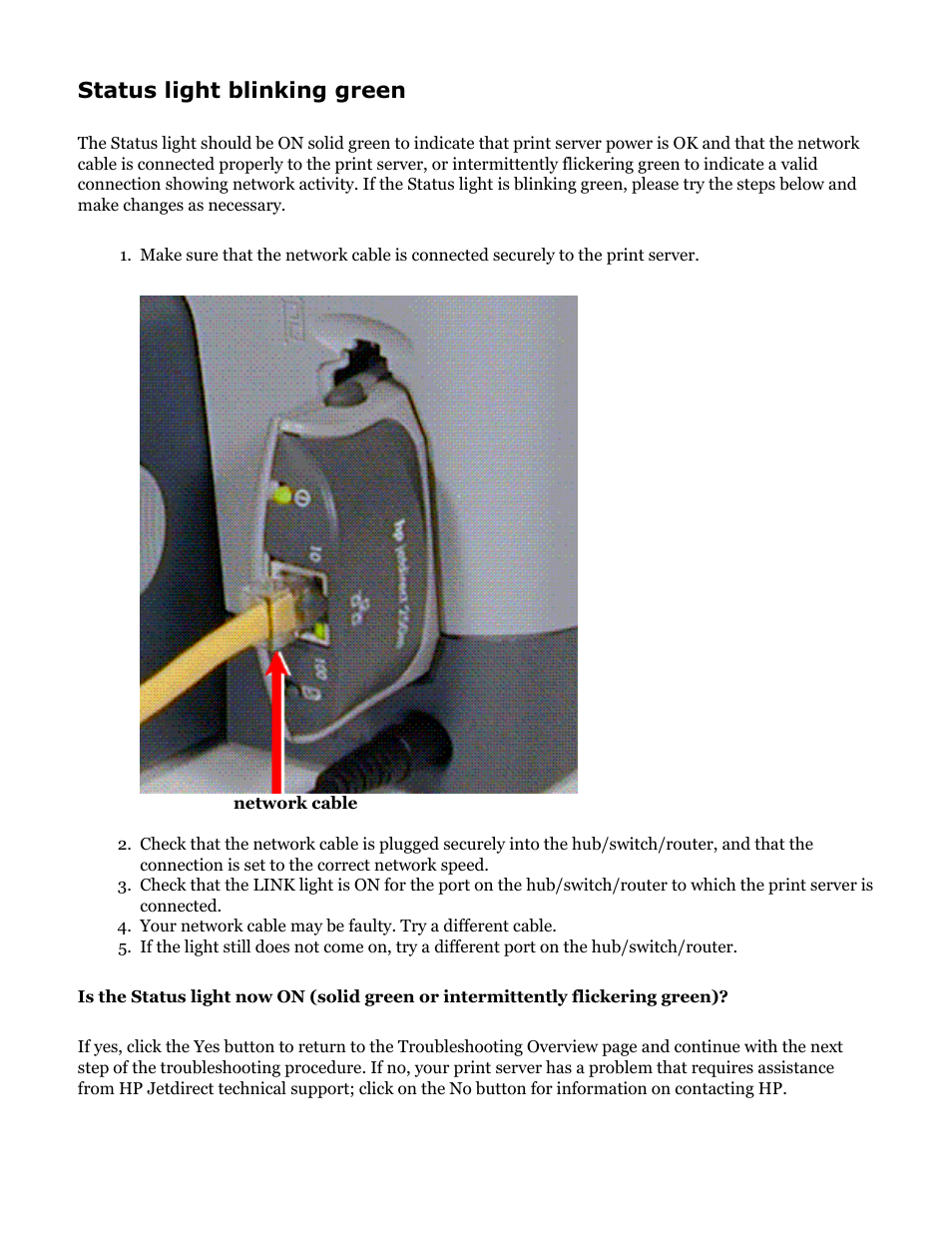 Hp jetdirect troubleshooting, Status light blinking green | HP Jetdirect 250m Print Server series User Manual | Page 90 / 181