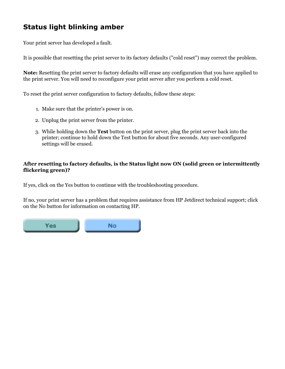 Hp jetdirect troubleshooting, Status light blinking amber | HP Jetdirect 250m Print Server series User Manual | Page 92 / 181