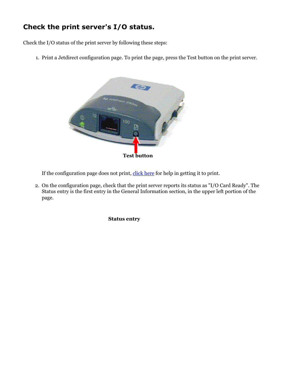 Hp jetdirect troubleshooting, Check the print server's i/o status | HP Jetdirect 250m Print Server series User Manual | Page 99 / 181