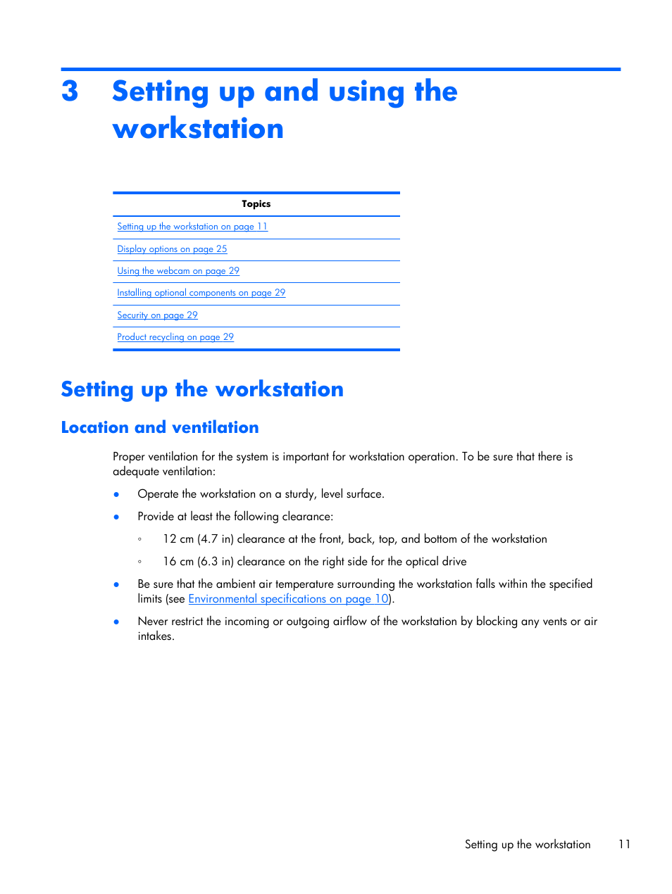 Setting up and using the workstation, Setting up the workstation, Location and ventilation | 3 setting up and using the workstation | HP Z1 G2-Workstation User Manual | Page 19 / 68