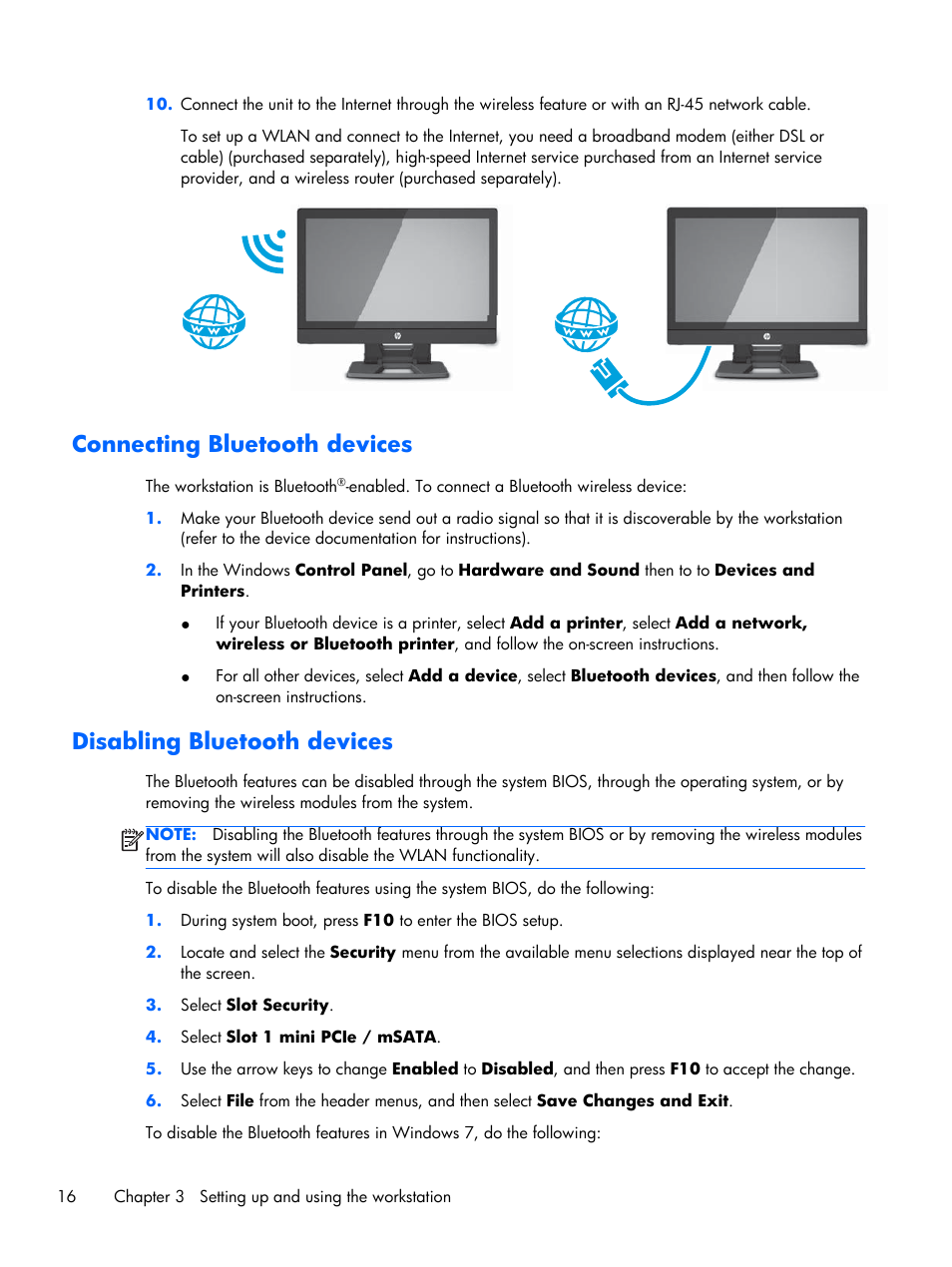 Connecting bluetooth devices, Disabling bluetooth devices | HP Z1 G2-Workstation User Manual | Page 24 / 68