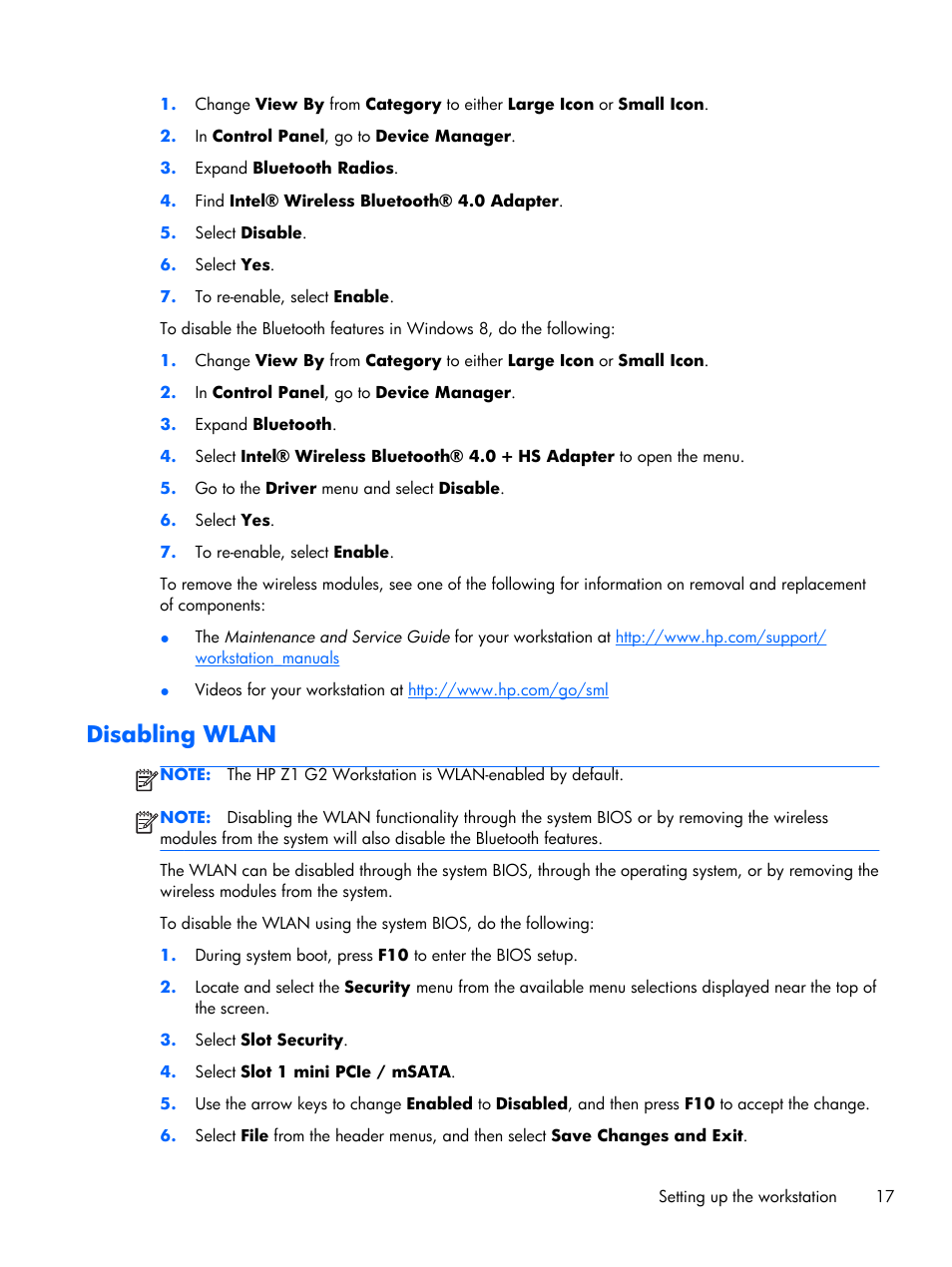 Disabling wlan | HP Z1 G2-Workstation User Manual | Page 25 / 68