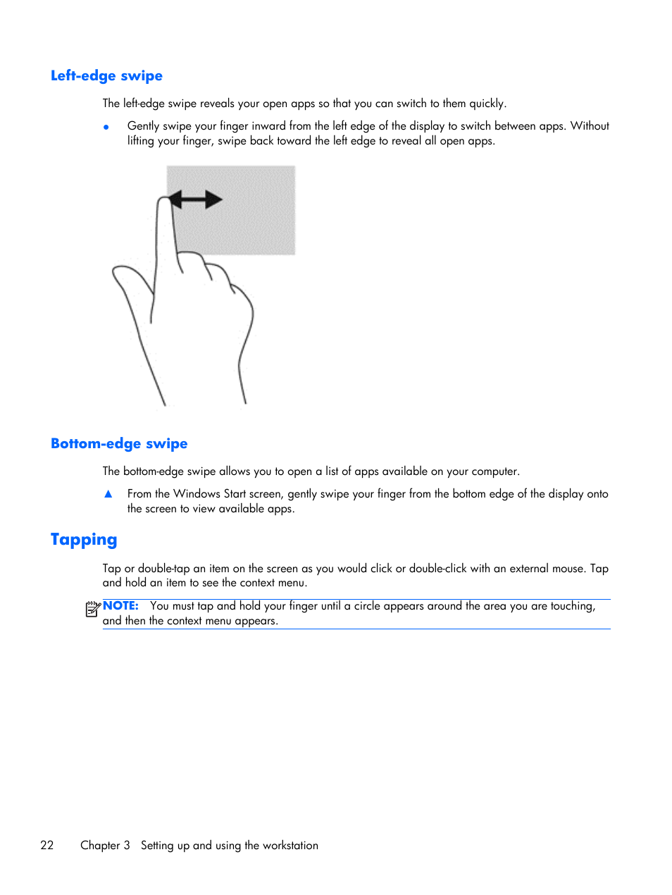 Left-edge swipe, Bottom-edge swipe, Tapping | Left-edge swipe bottom-edge swipe | HP Z1 G2-Workstation User Manual | Page 30 / 68