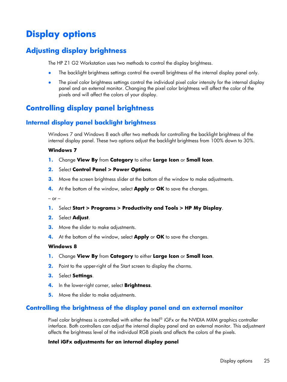 Display options, Adjusting display brightness, Controlling display panel brightness | Internal display panel backlight brightness | HP Z1 G2-Workstation User Manual | Page 33 / 68