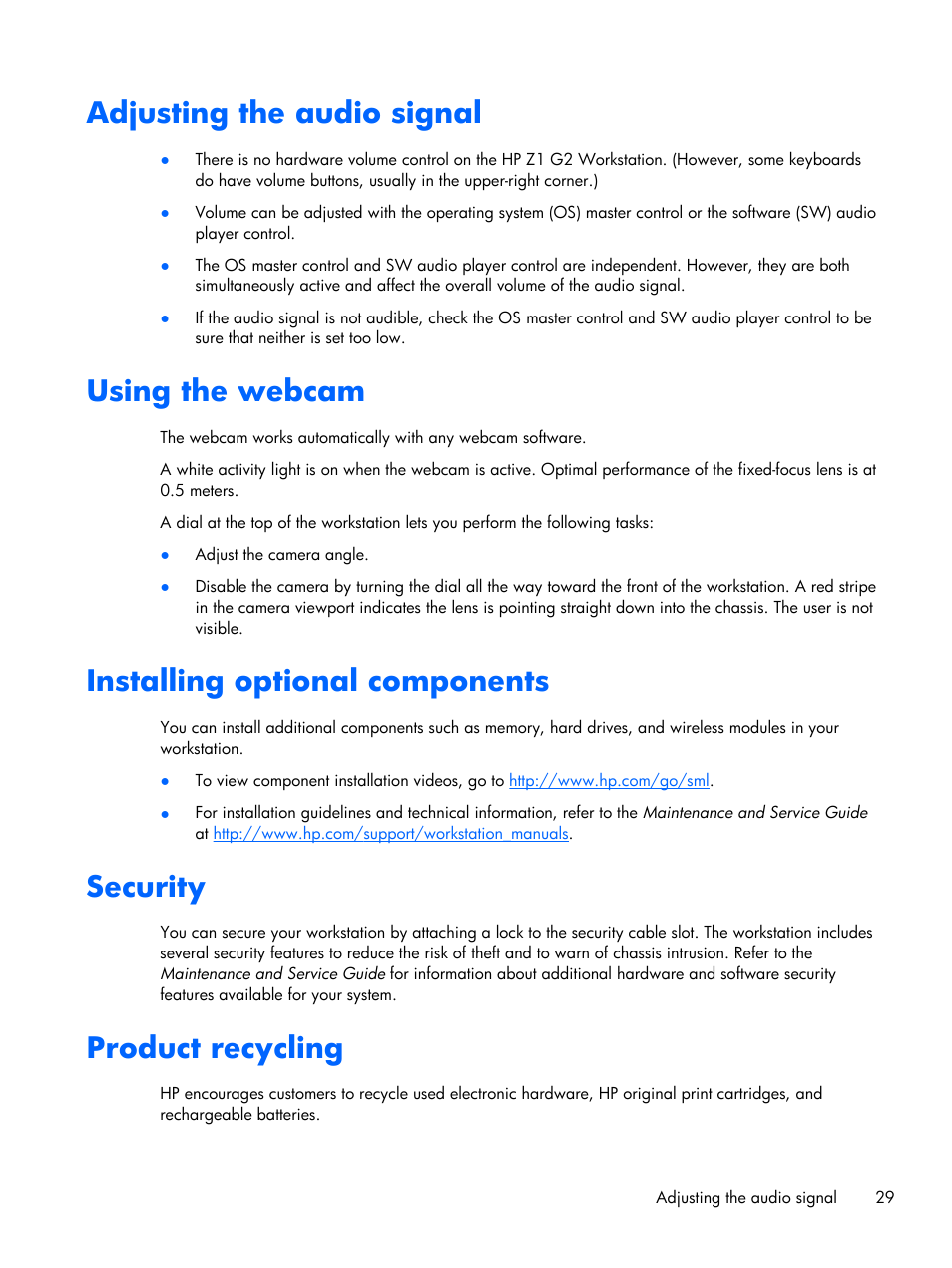 Adjusting the audio signal, Using the webcam, Installing optional components | Security, Product recycling | HP Z1 G2-Workstation User Manual | Page 37 / 68