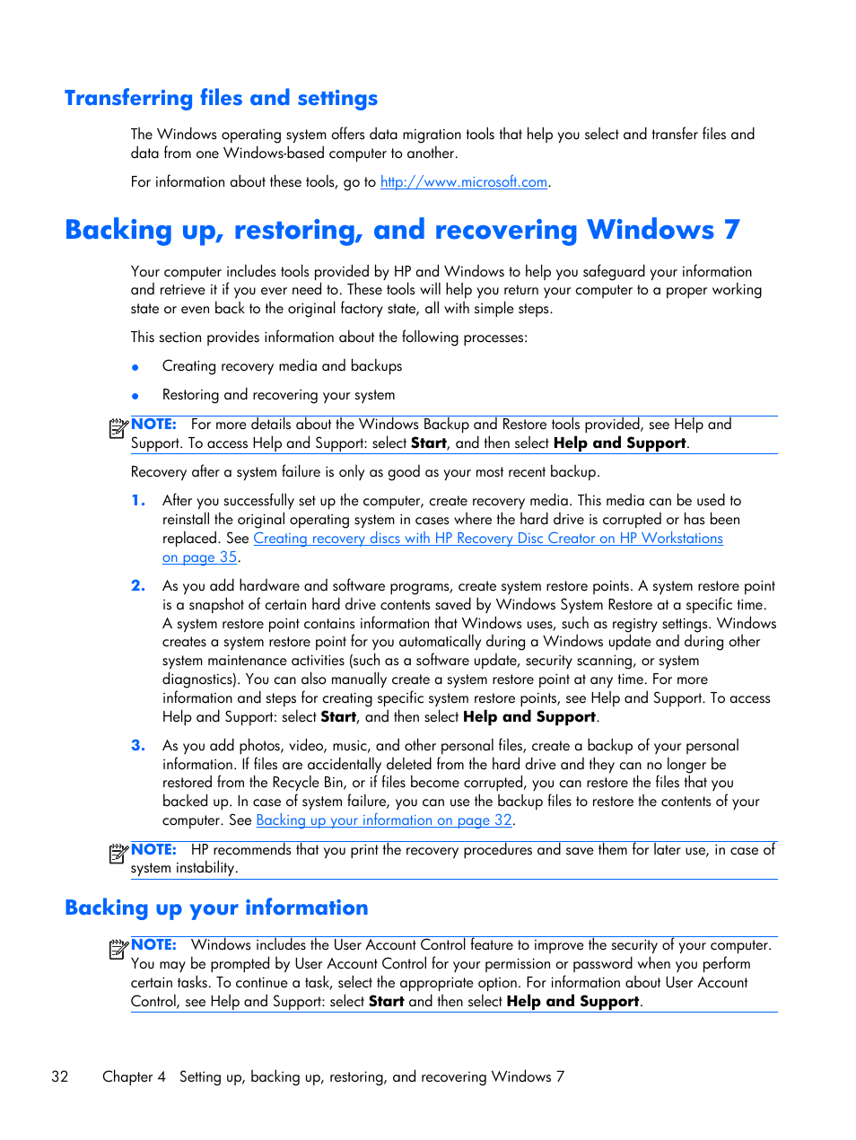 Transferring files and settings, Backing up, restoring, and recovering windows 7, Backing up your information | HP Z1 G2-Workstation User Manual | Page 40 / 68