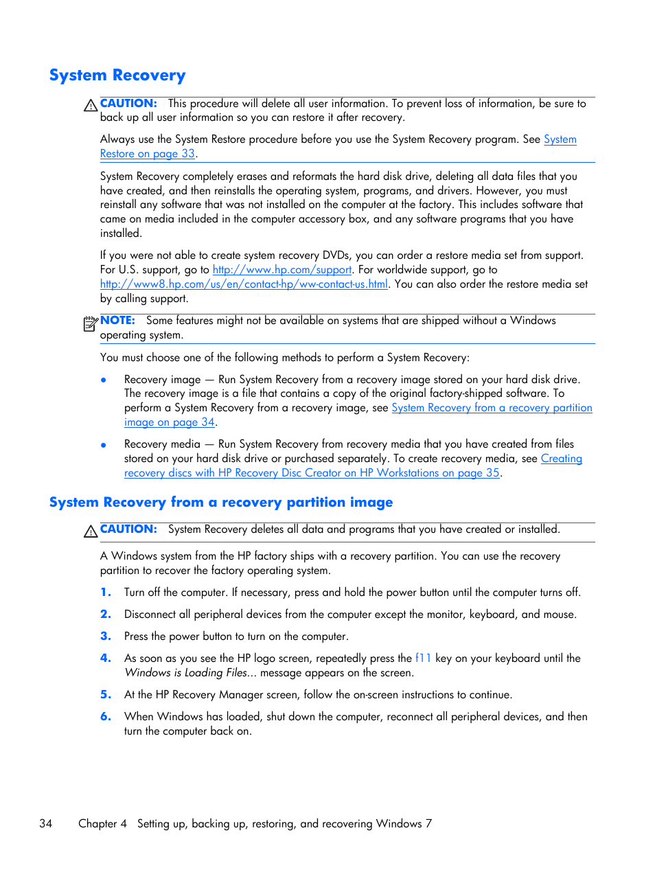 System recovery, System recovery from a recovery partition image | HP Z1 G2-Workstation User Manual | Page 42 / 68