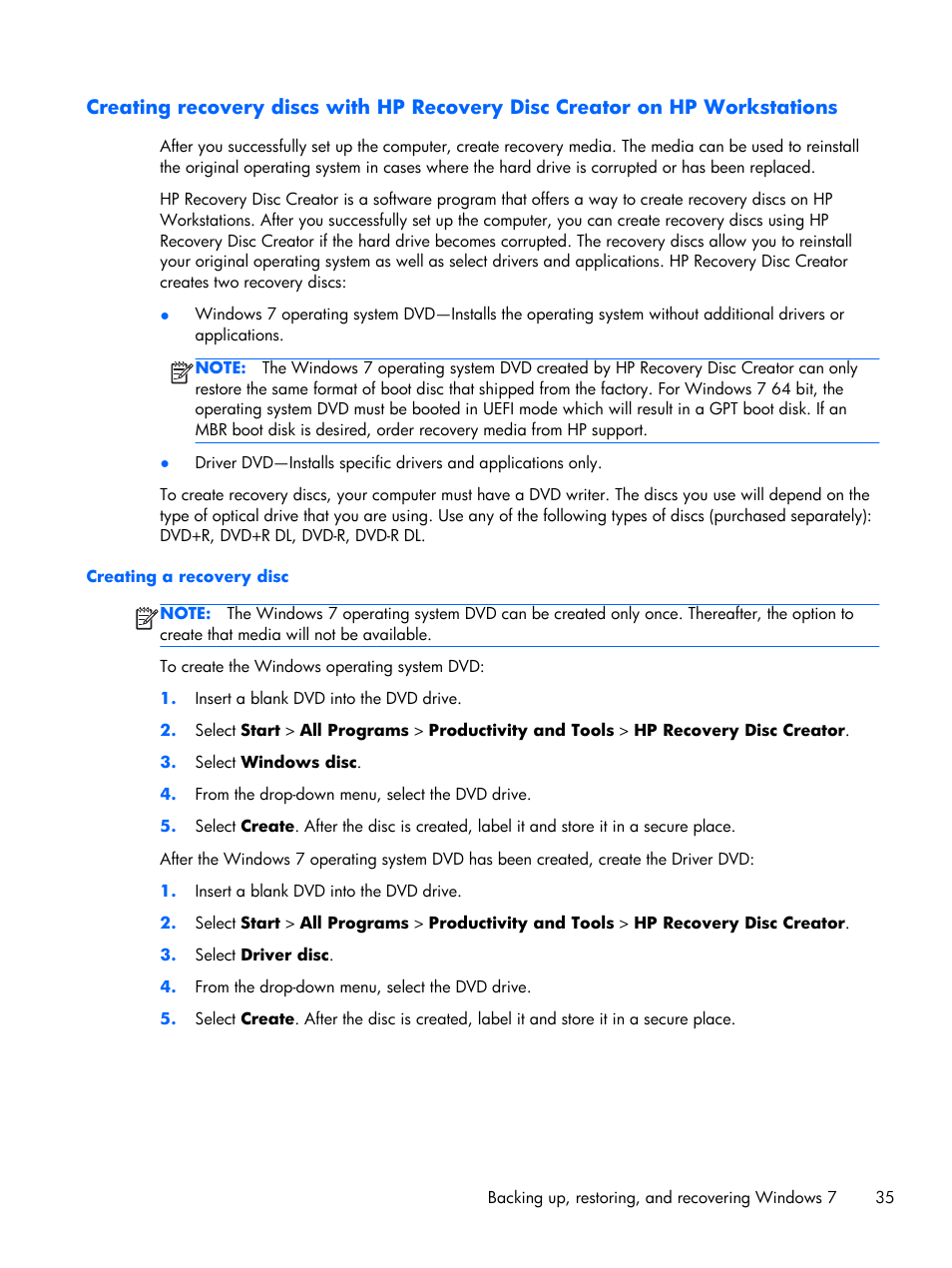 Creating a recovery disc, Creating | HP Z1 G2-Workstation User Manual | Page 43 / 68