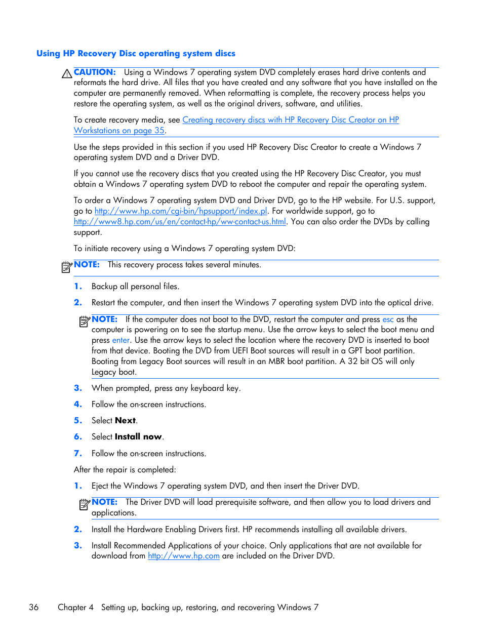 Using hp recovery disc operating system discs | HP Z1 G2-Workstation User Manual | Page 44 / 68