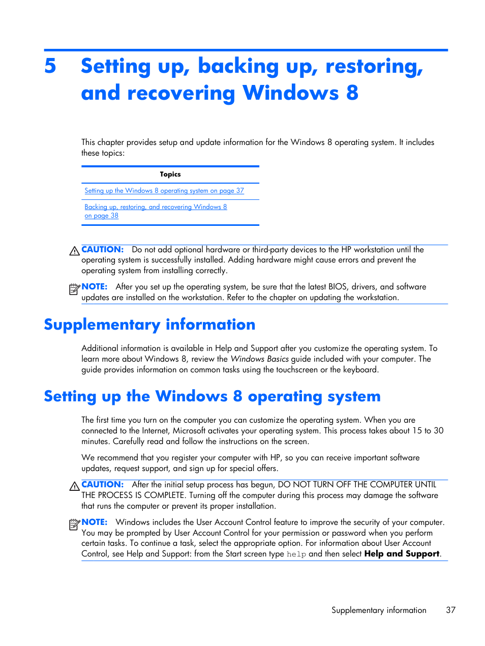 Supplementary information, Setting up the windows 8 operating system | HP Z1 G2-Workstation User Manual | Page 45 / 68