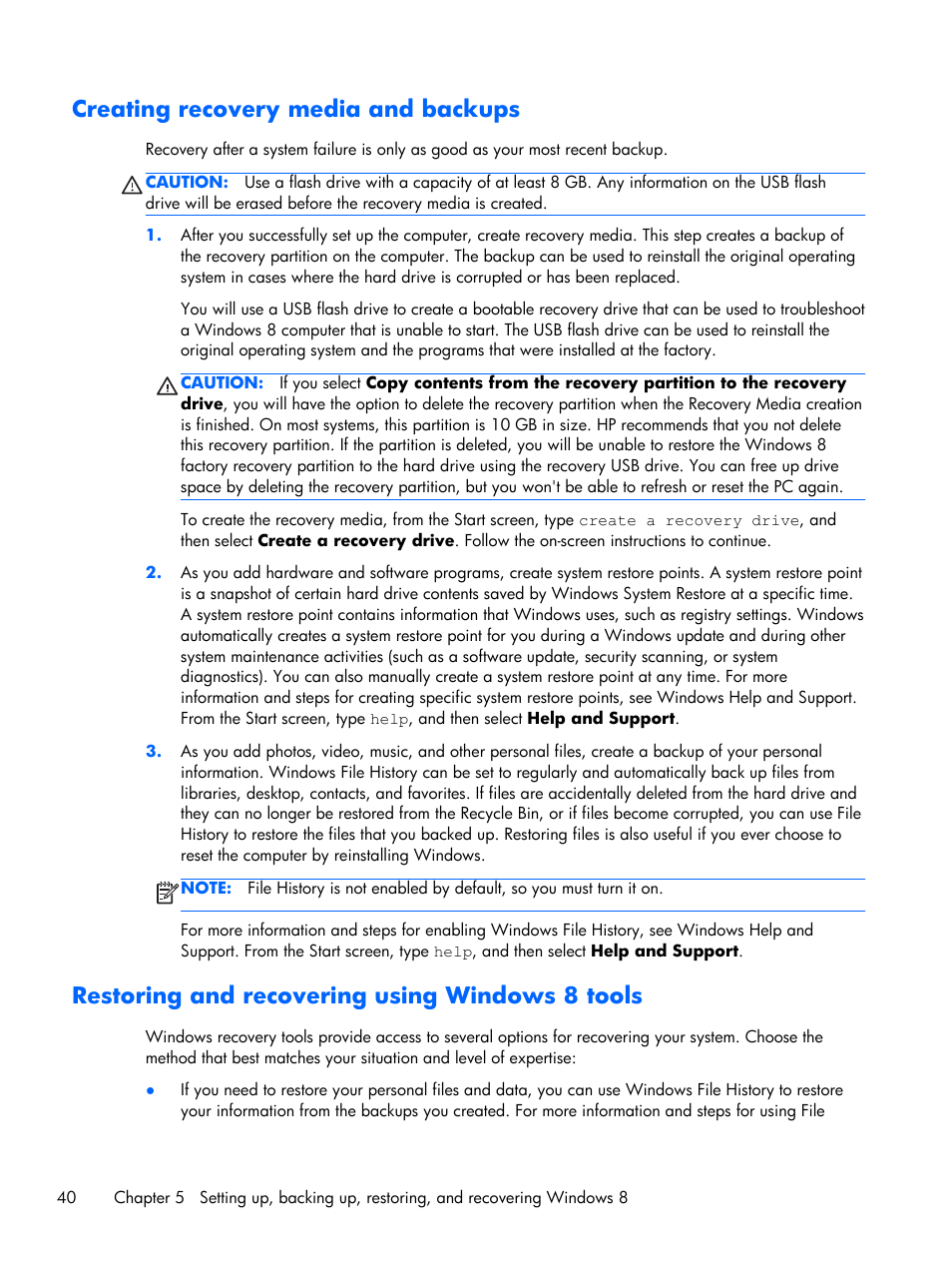 Creating recovery media and backups, Restoring and recovering using windows 8 tools | HP Z1 G2-Workstation User Manual | Page 48 / 68