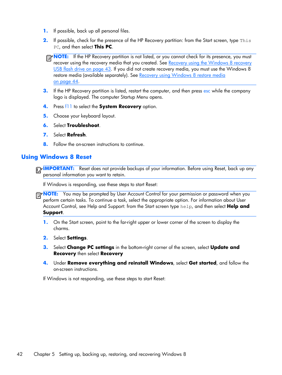 Using windows 8 reset | HP Z1 G2-Workstation User Manual | Page 50 / 68