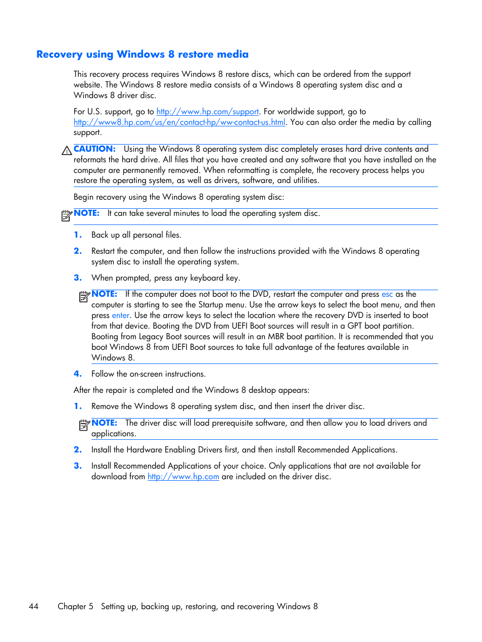 Recovery using windows 8 restore media, Does not work, see, Ely). see | HP Z1 G2-Workstation User Manual | Page 52 / 68