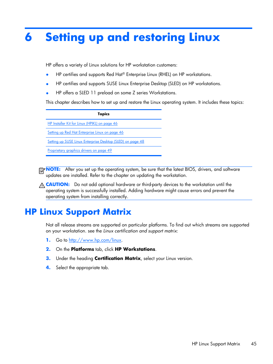 Setting up and restoring linux, Hp linux support matrix, 6 setting up and restoring linux | HP Z1 G2-Workstation User Manual | Page 53 / 68