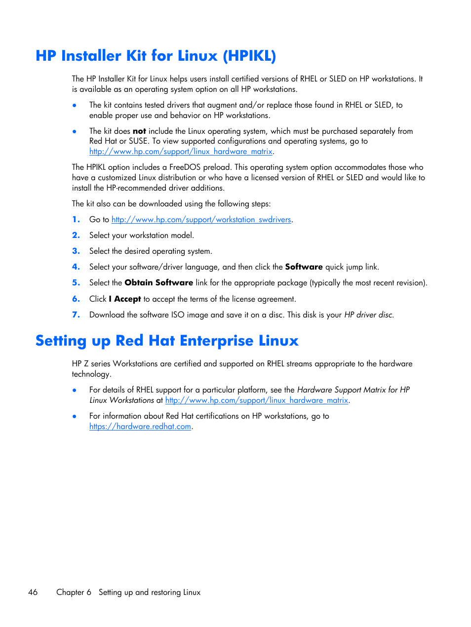 Hp installer kit for linux (hpikl), Setting up red hat enterprise linux | HP Z1 G2-Workstation User Manual | Page 54 / 68