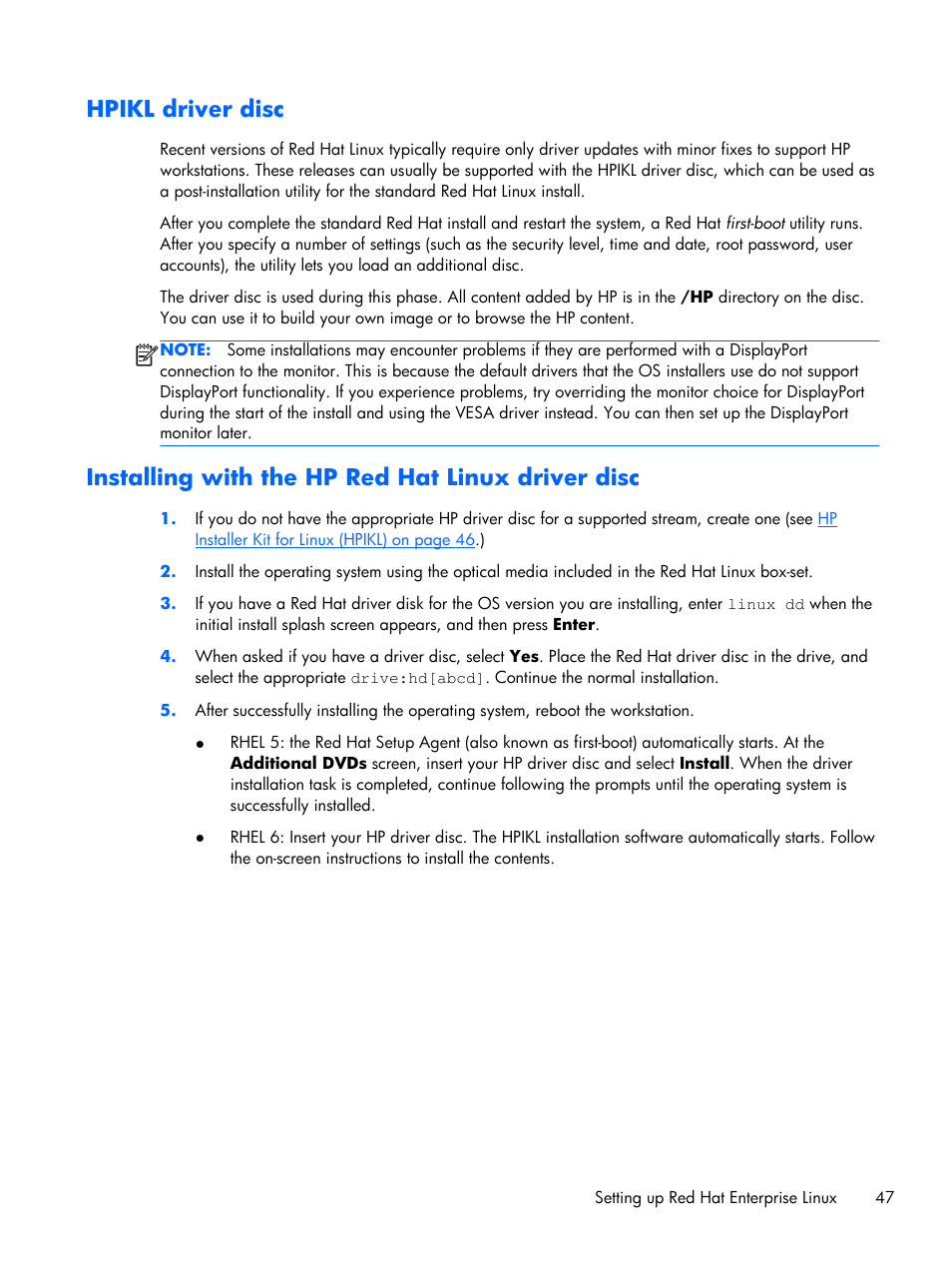 Hpikl driver disc, Installing with the hp red hat linux driver disc | HP Z1 G2-Workstation User Manual | Page 55 / 68