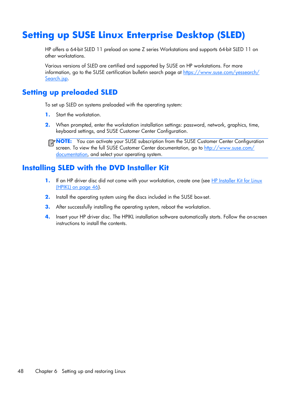 Setting up suse linux enterprise desktop (sled), Setting up preloaded sled, Installing sled with the dvd installer kit | HP Z1 G2-Workstation User Manual | Page 56 / 68
