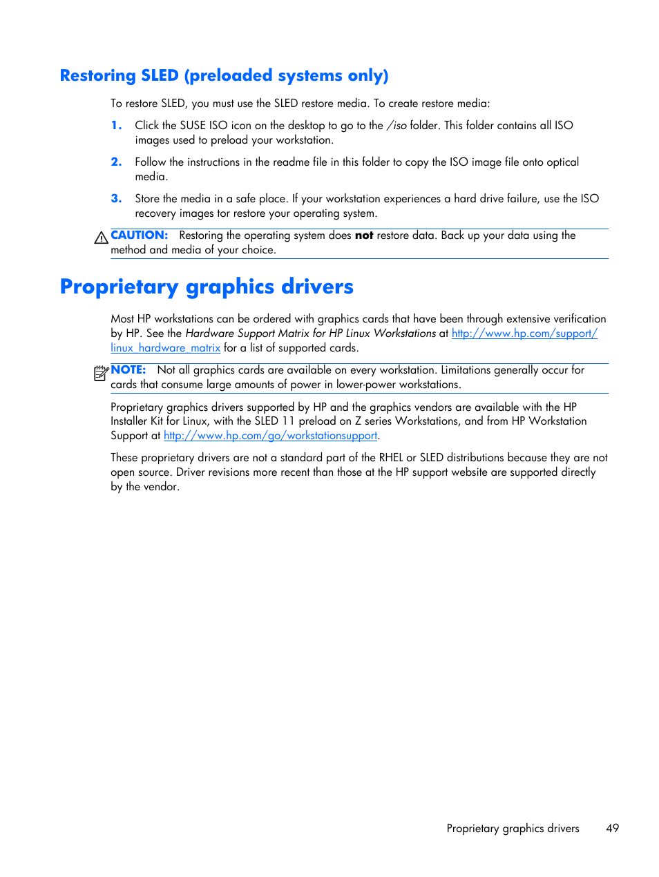 Restoring sled (preloaded systems only), Proprietary graphics drivers | HP Z1 G2-Workstation User Manual | Page 57 / 68