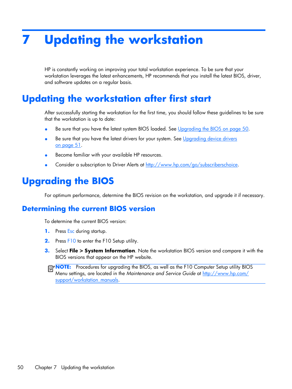 Updating the workstation, Updating the workstation after first start, Upgrading the bios | Determining the current bios version, 7 updating the workstation | HP Z1 G2-Workstation User Manual | Page 58 / 68