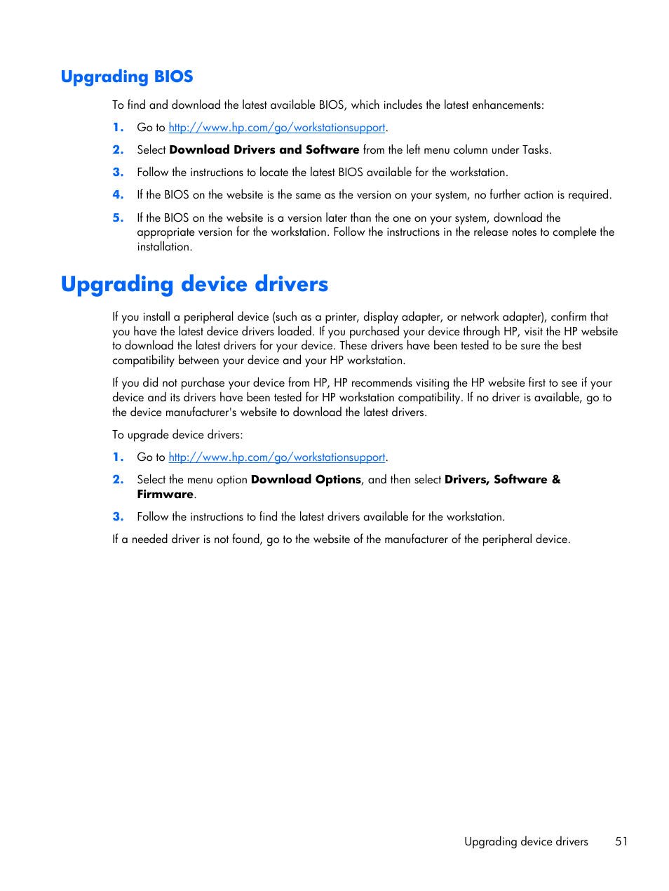 Upgrading bios, Upgrading device drivers | HP Z1 G2-Workstation User Manual | Page 59 / 68