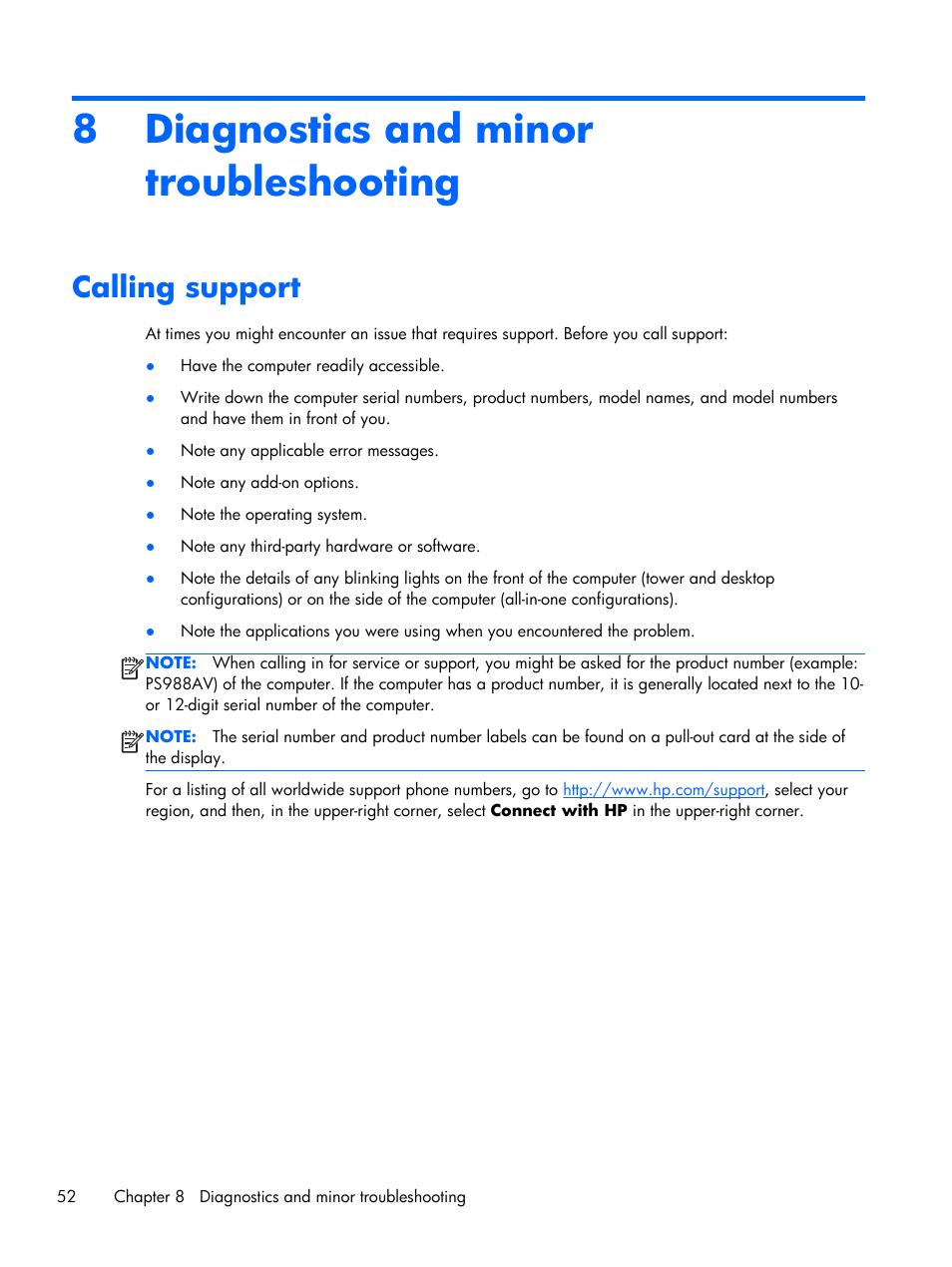 Diagnostics and minor troubleshooting, Calling support, 8 diagnostics and minor troubleshooting | HP Z1 G2-Workstation User Manual | Page 60 / 68