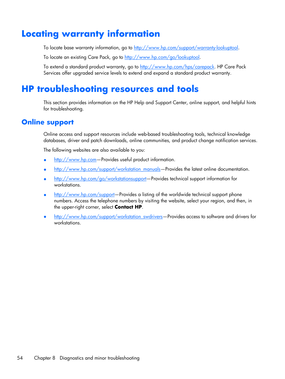 Locating warranty information, Hp troubleshooting resources and tools, Online support | HP Z1 G2-Workstation User Manual | Page 62 / 68