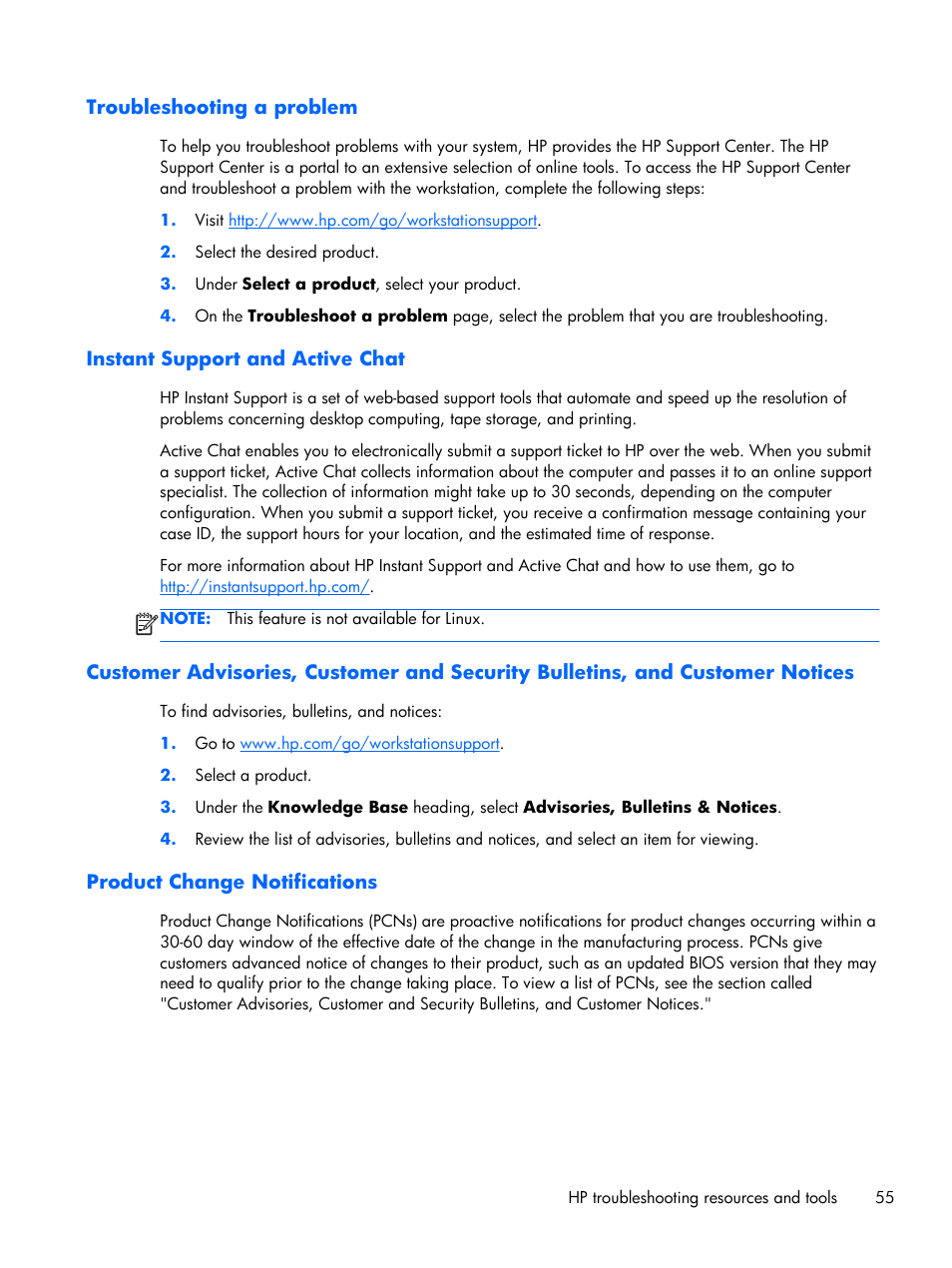 Troubleshooting a problem, Instant support and active chat, Product change notifications | HP Z1 G2-Workstation User Manual | Page 63 / 68