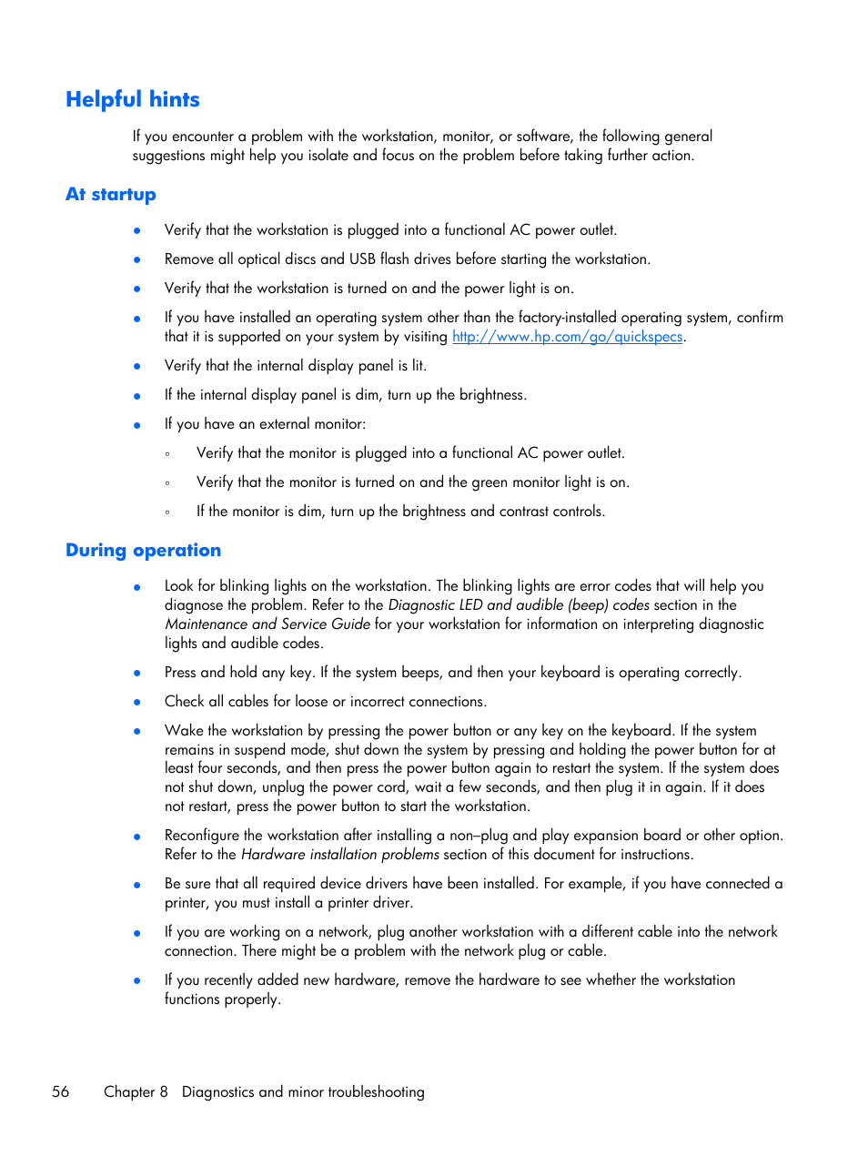 Helpful hints, At startup, During operation | At startup during operation | HP Z1 G2-Workstation User Manual | Page 64 / 68