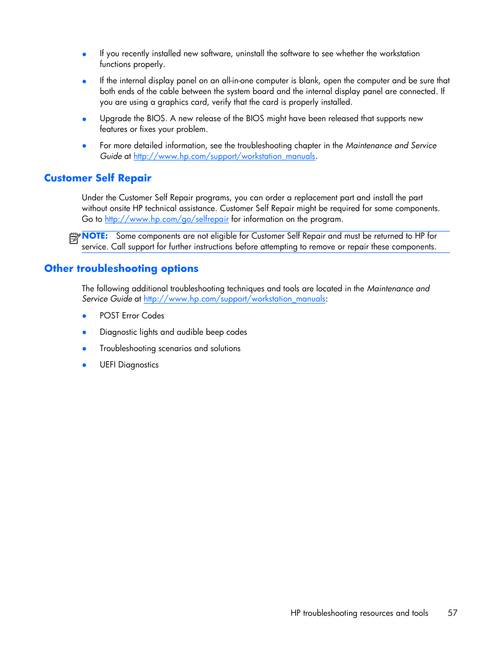 Customer self repair, Other troubleshooting options, Customer self repair other troubleshooting options | HP Z1 G2-Workstation User Manual | Page 65 / 68