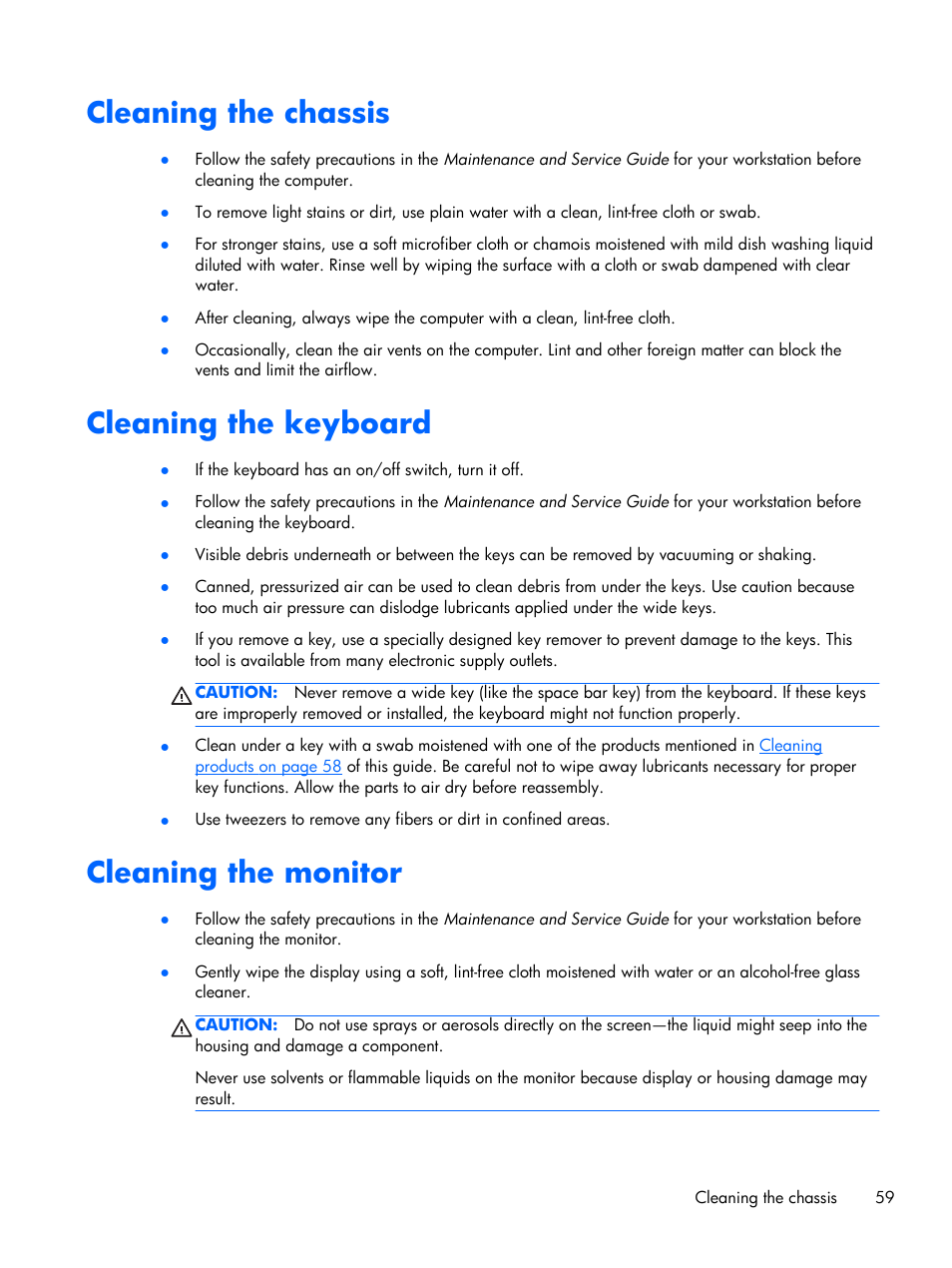 Cleaning the chassis, Cleaning the keyboard, Cleaning the monitor | Cleaning the chassis cleaning the keyboard | HP Z1 G2-Workstation User Manual | Page 67 / 68