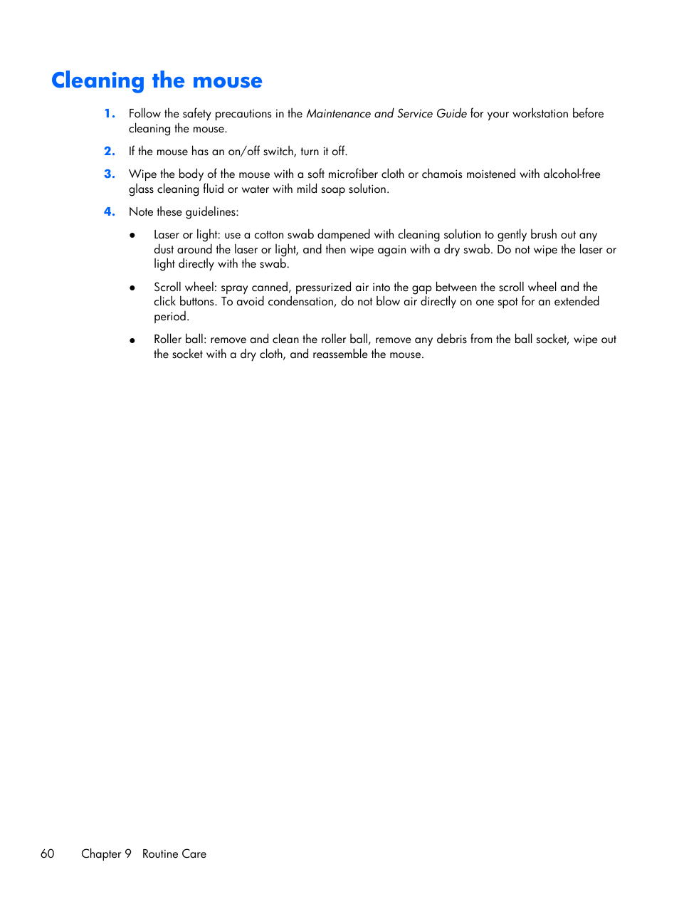 Cleaning the mouse | HP Z1 G2-Workstation User Manual | Page 68 / 68