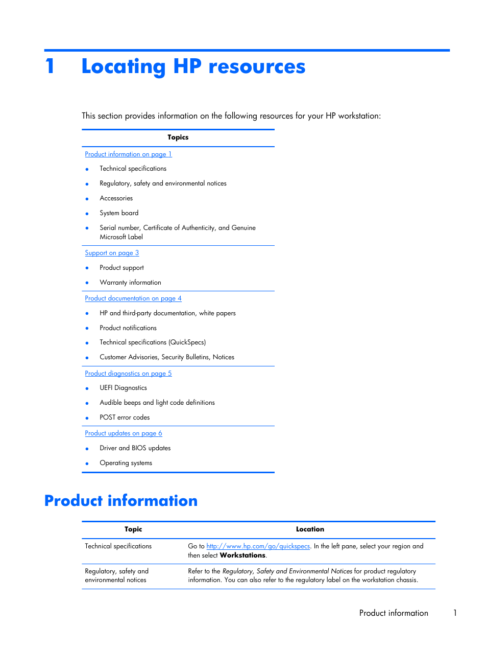 Locating hp resources, Product information, 1 locating hp resources | HP Z1 G2-Workstation User Manual | Page 9 / 68