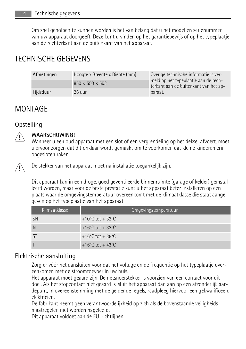 Technische gegevens, Montage, Opstelling | Elektrische aansluiting | AEG A51100HSW0 User Manual | Page 14 / 84