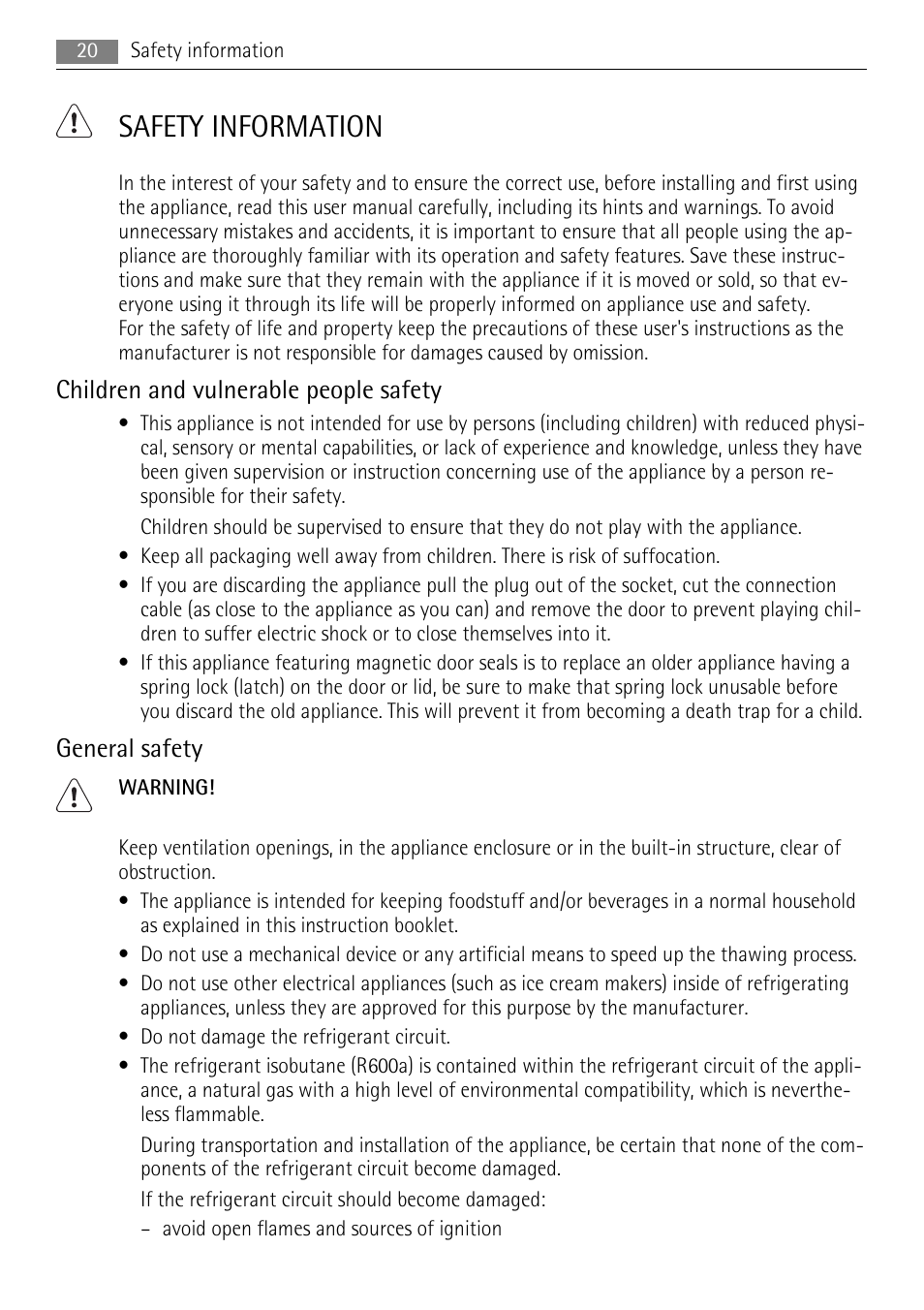 Safety information, Children and vulnerable people safety, General safety | AEG A51100HSW0 User Manual | Page 20 / 84