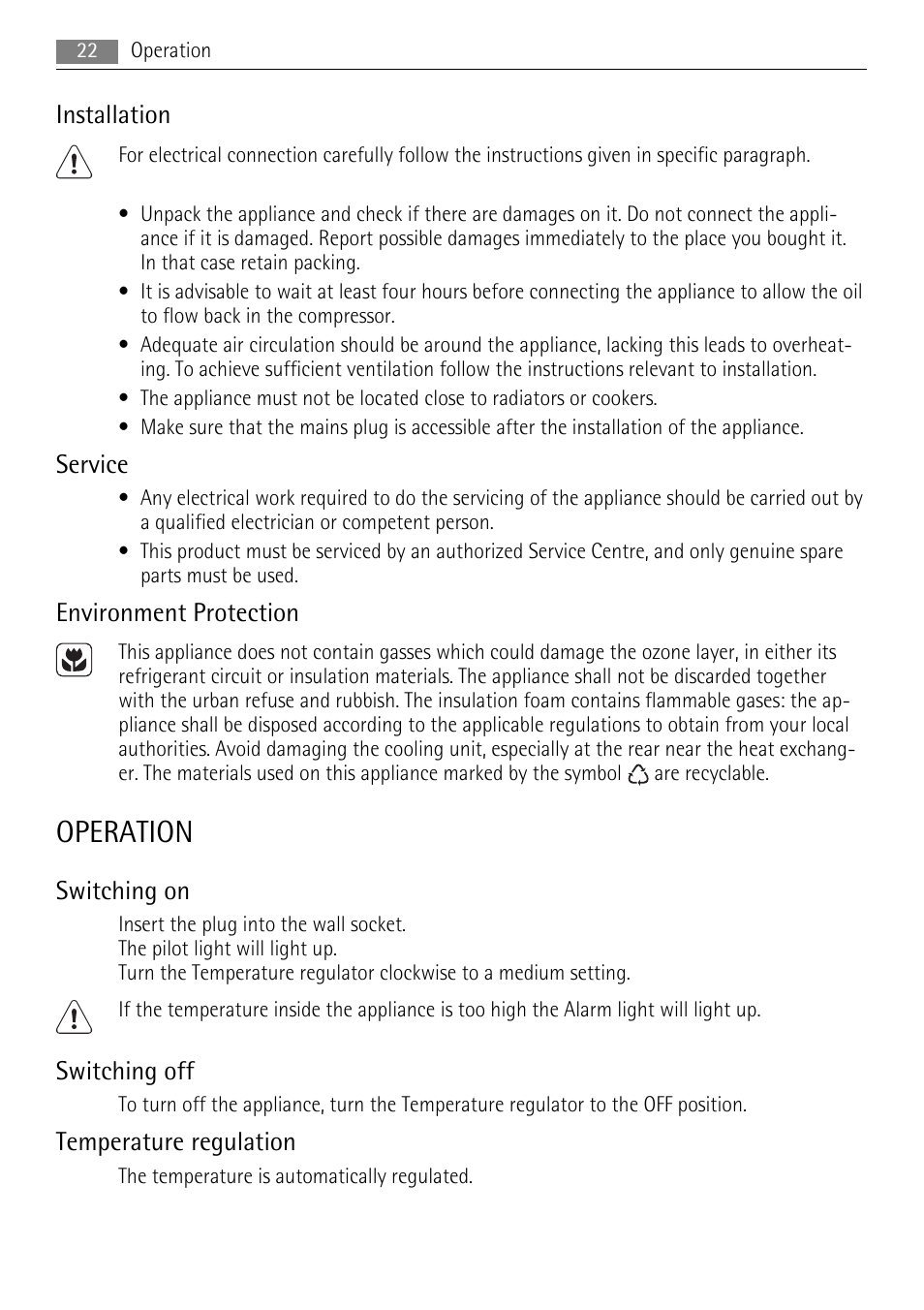 Operation, Installation, Service | Environment protection, Switching on, Switching off, Temperature regulation | AEG A51100HSW0 User Manual | Page 22 / 84