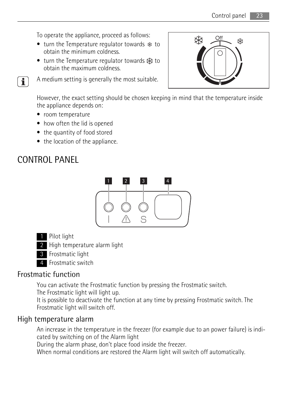 Control panel, Frostmatic function, High temperature alarm | AEG A51100HSW0 User Manual | Page 23 / 84