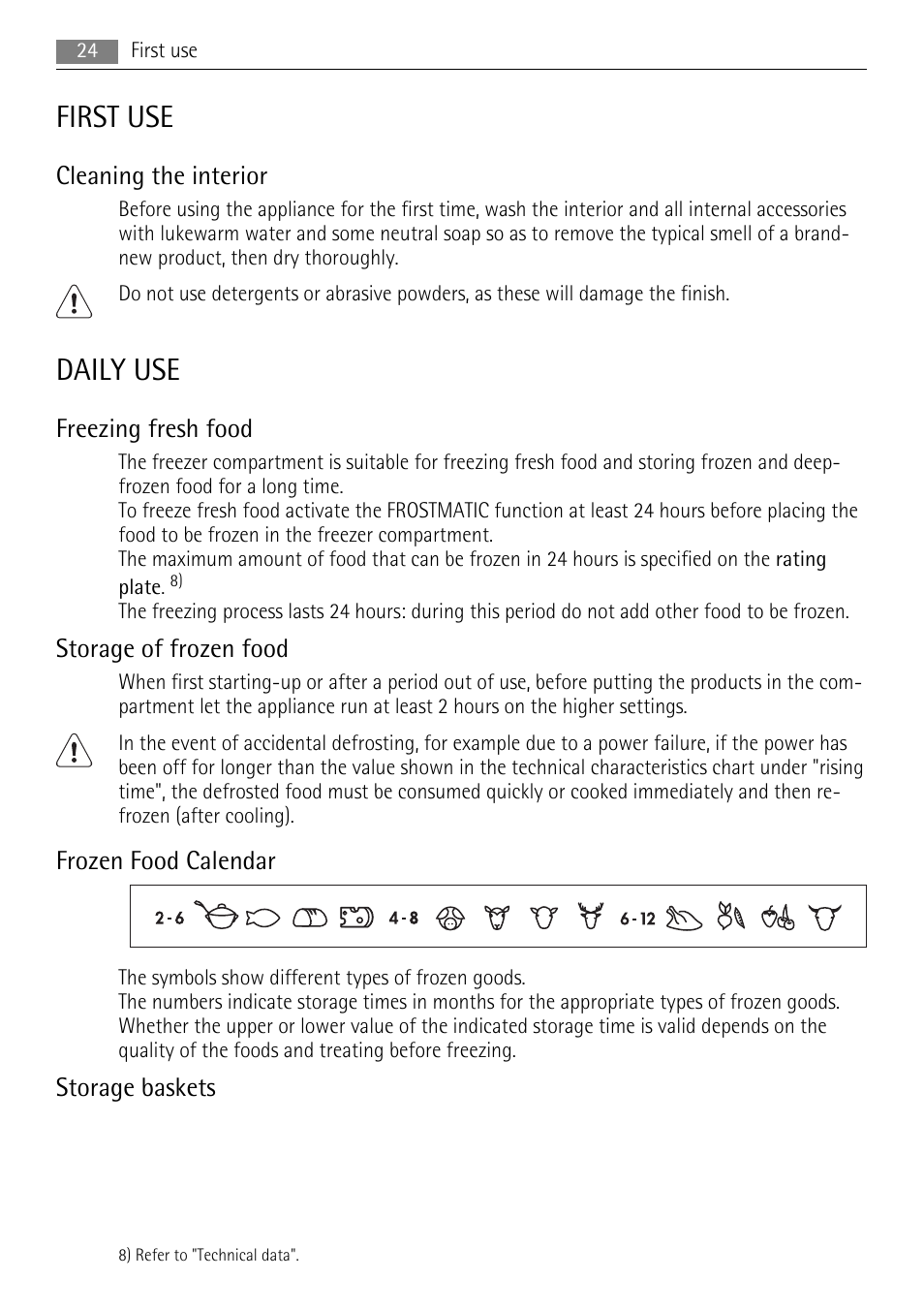 First use, Daily use, Cleaning the interior | Freezing fresh food, Storage of frozen food, Frozen food calendar, Storage baskets | AEG A51100HSW0 User Manual | Page 24 / 84