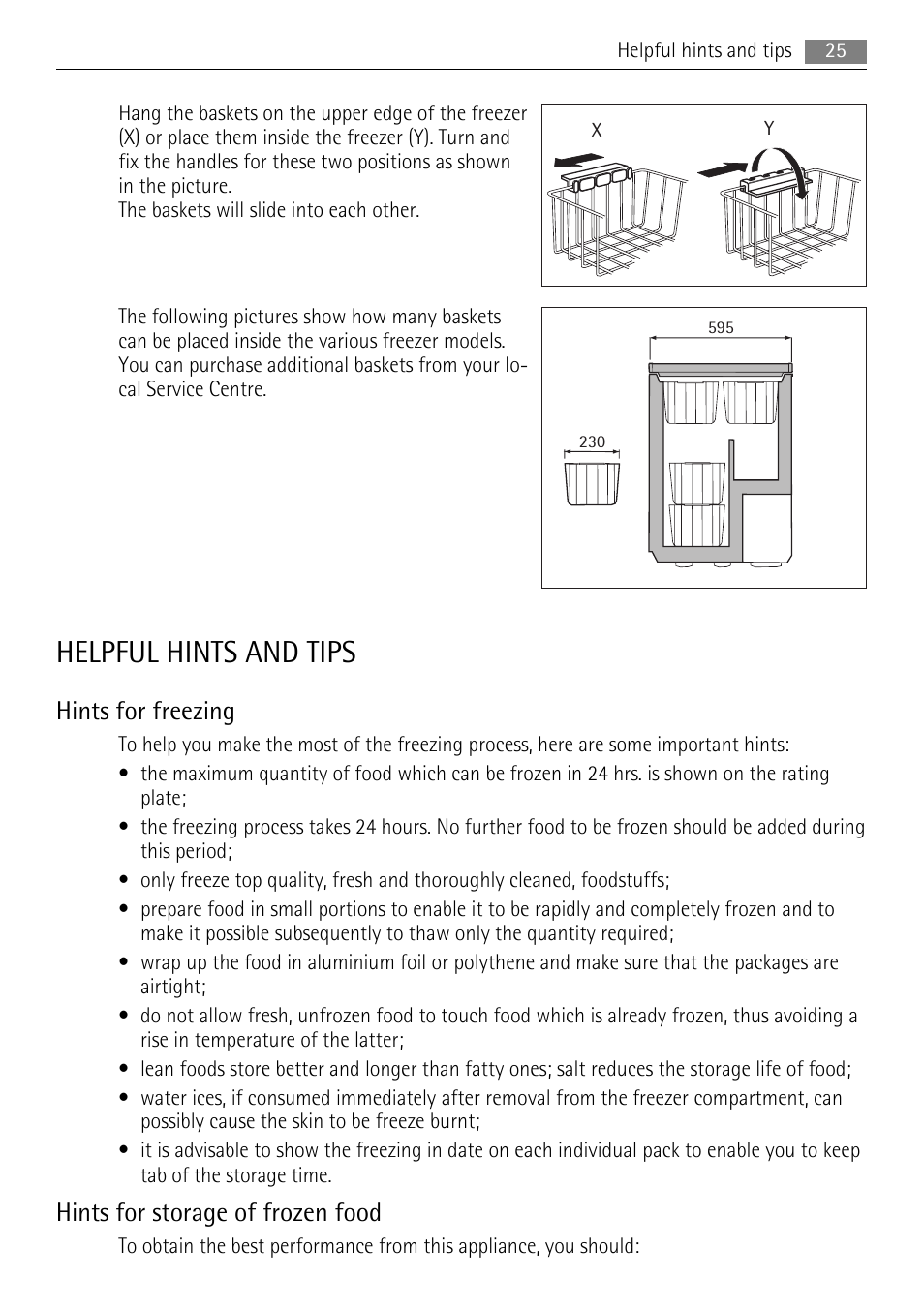 Helpful hints and tips, Hints for freezing, Hints for storage of frozen food | AEG A51100HSW0 User Manual | Page 25 / 84