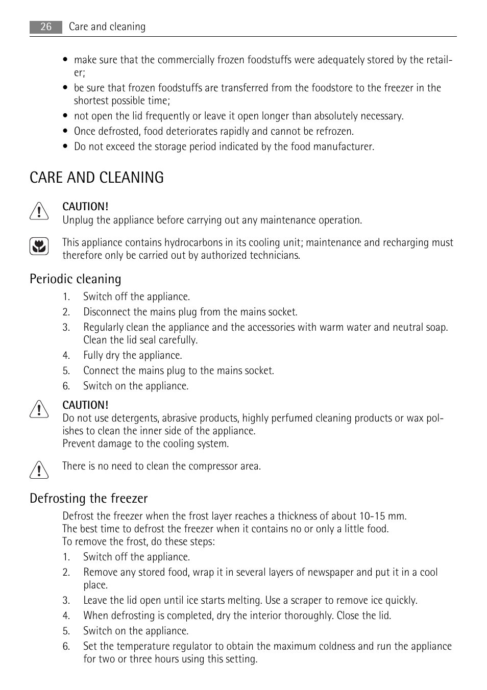 Care and cleaning, Periodic cleaning, Defrosting the freezer | AEG A51100HSW0 User Manual | Page 26 / 84