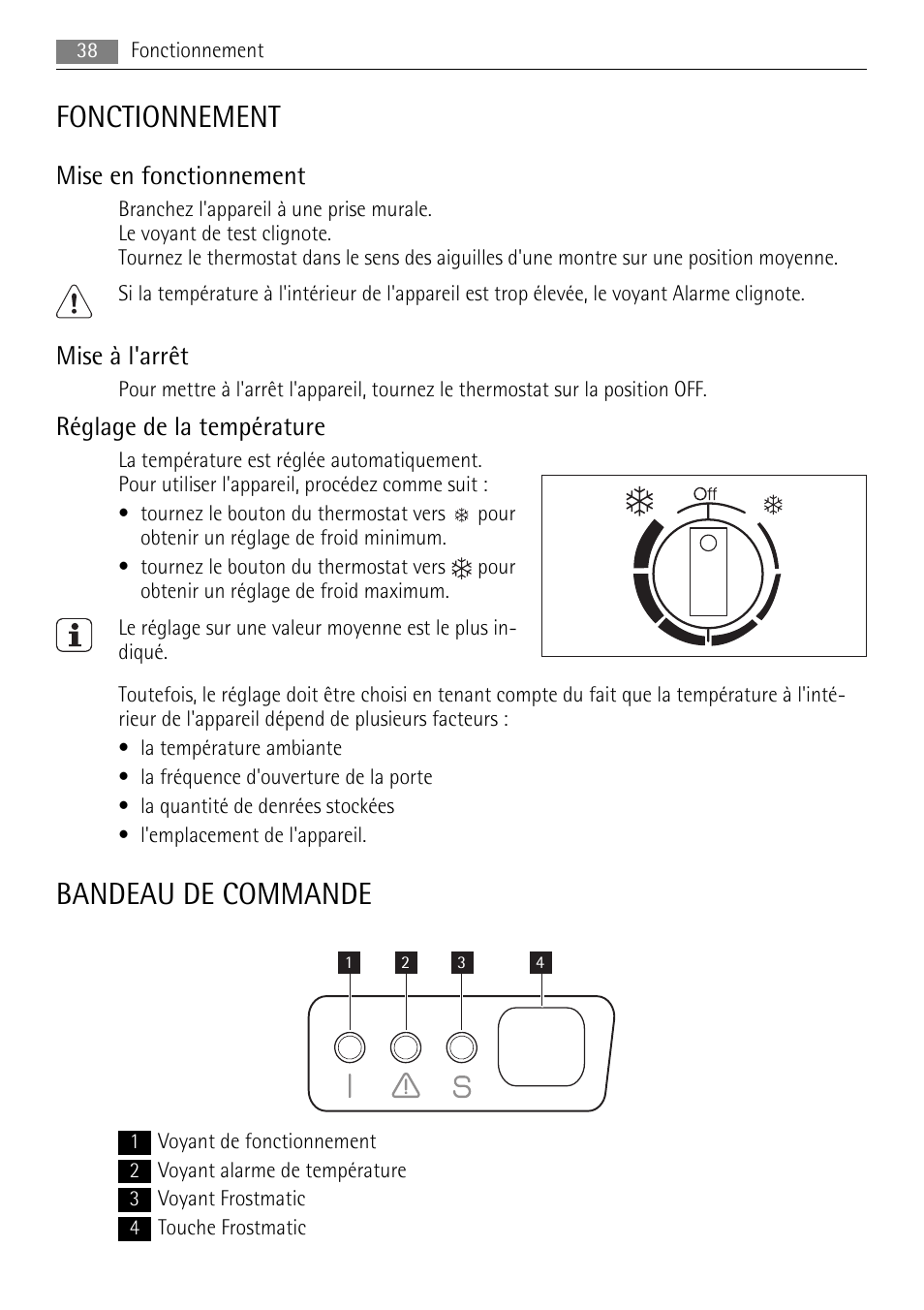 Fonctionnement, Bandeau de commande, Mise en fonctionnement | Mise à l'arrêt, Réglage de la température | AEG A51100HSW0 User Manual | Page 38 / 84