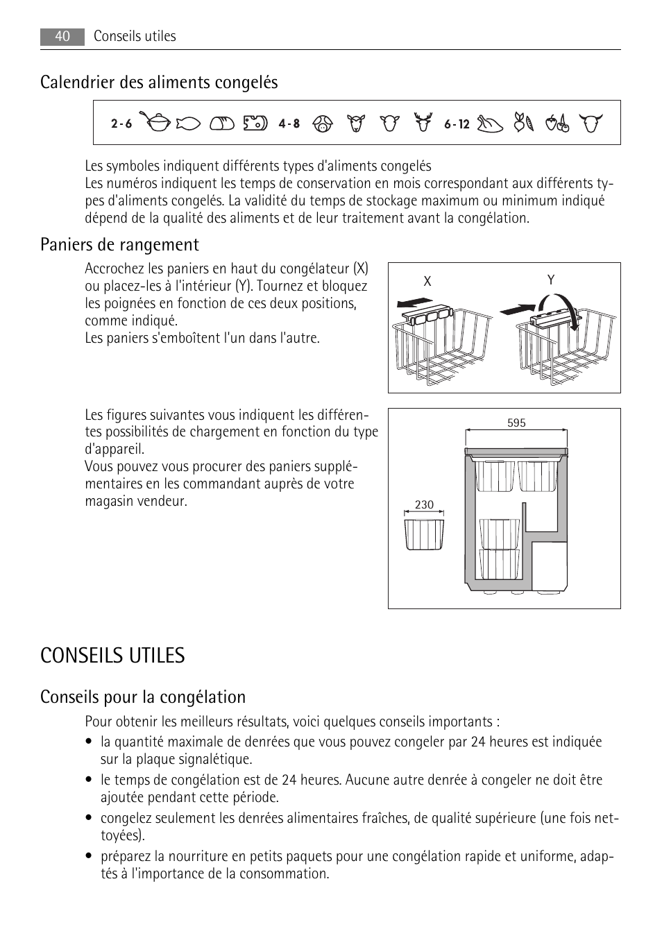 Conseils utiles, Calendrier des aliments congelés, Paniers de rangement | Conseils pour la congélation | AEG A51100HSW0 User Manual | Page 40 / 84
