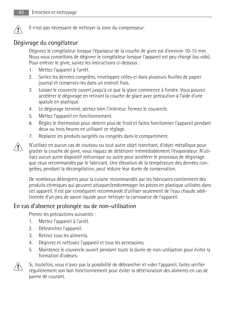 Dégivrage du congélateur, En cas d'absence prolongée ou de non-utilisation | AEG A51100HSW0 User Manual | Page 42 / 84