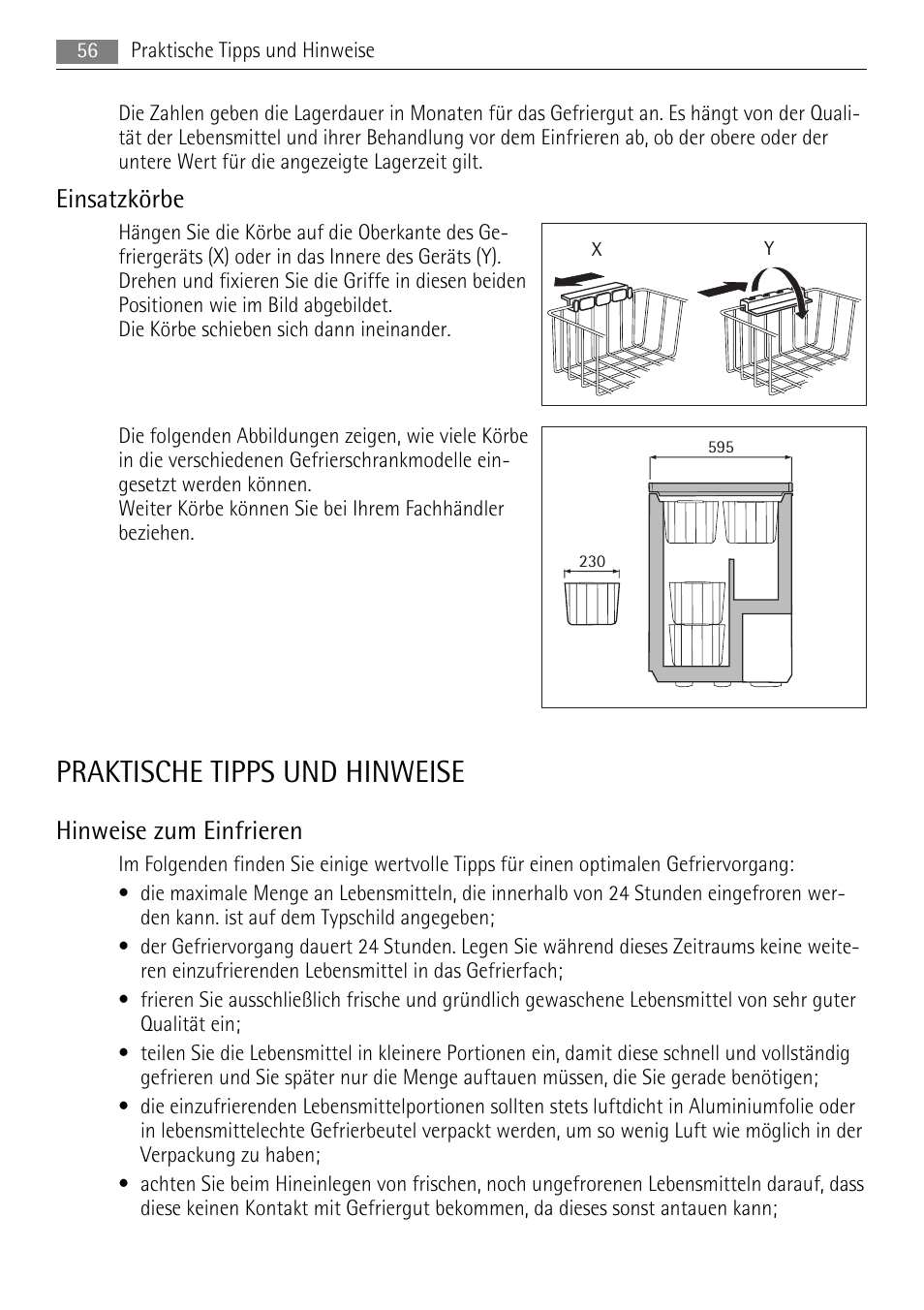 Praktische tipps und hinweise, Einsatzkörbe, Hinweise zum einfrieren | AEG A51100HSW0 User Manual | Page 56 / 84