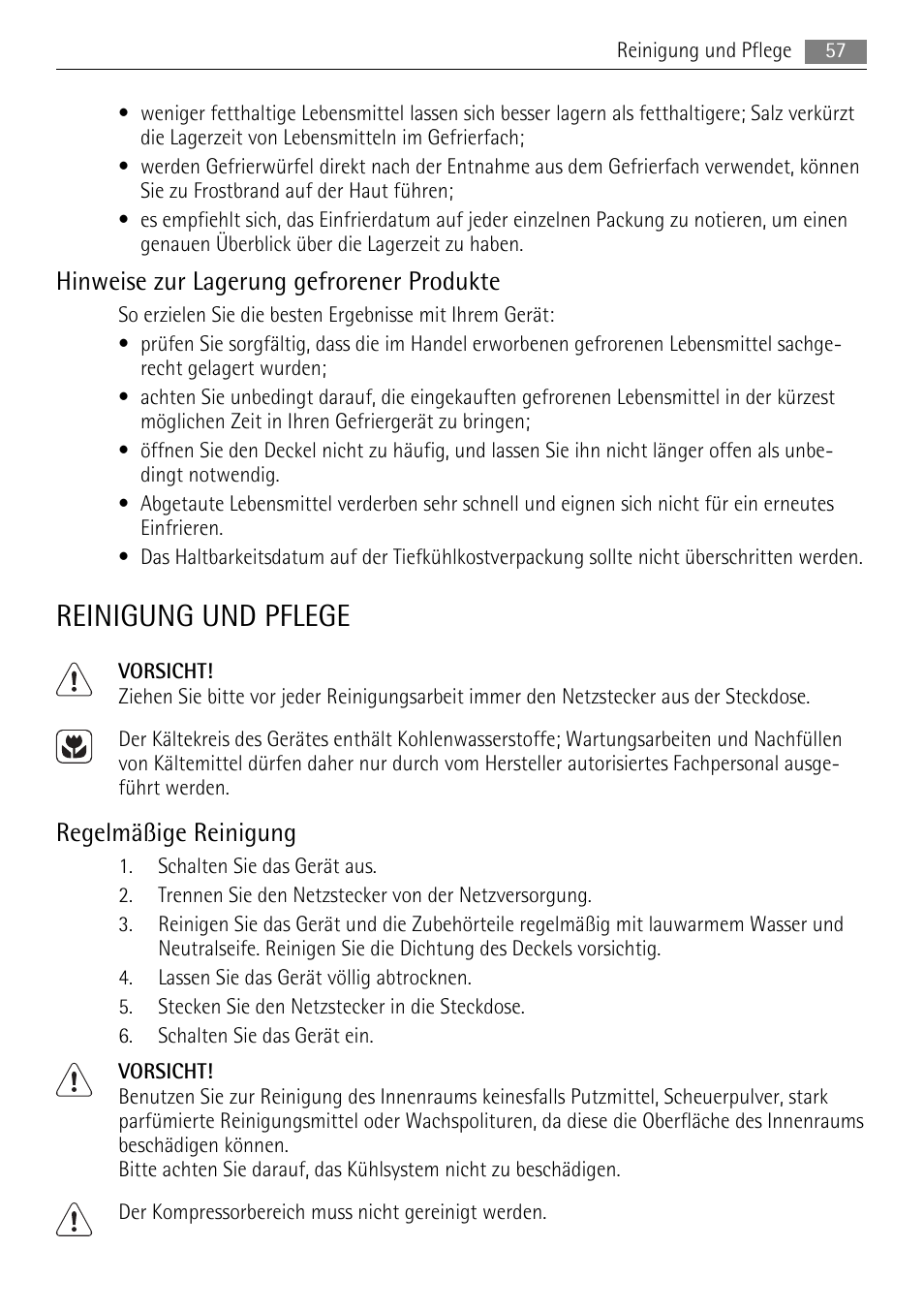 Reinigung und pflege, Hinweise zur lagerung gefrorener produkte, Regelmäßige reinigung | AEG A51100HSW0 User Manual | Page 57 / 84