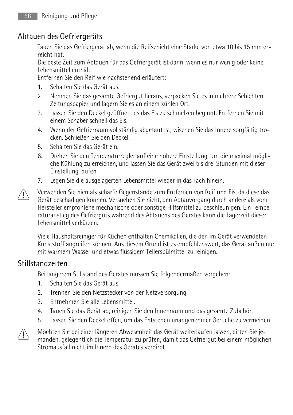 Abtauen des gefriergeräts, Stillstandzeiten | AEG A51100HSW0 User Manual | Page 58 / 84