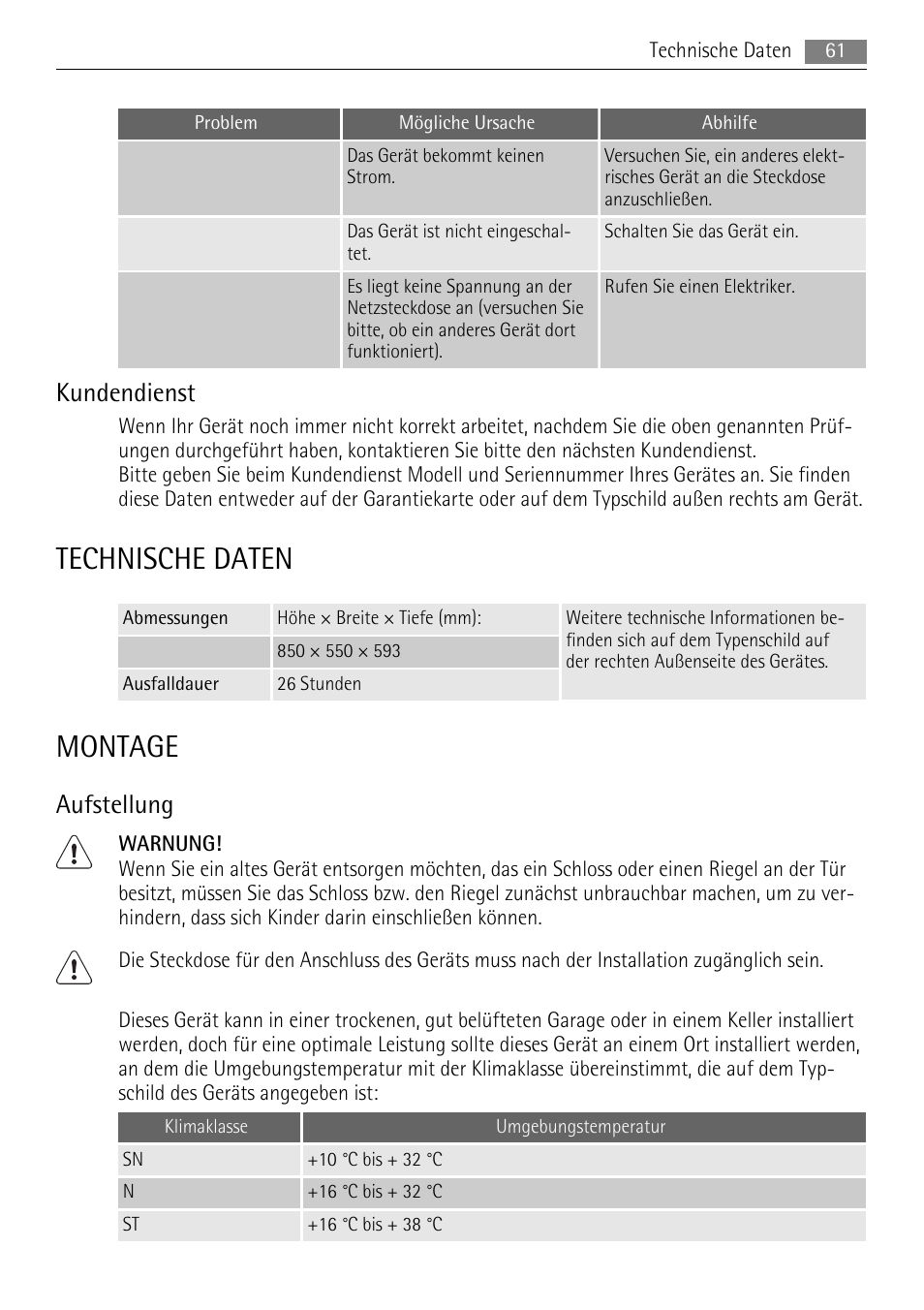 Technische daten, Montage, Kundendienst | Aufstellung | AEG A51100HSW0 User Manual | Page 61 / 84