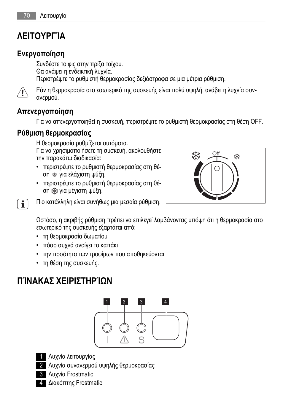 Λειτουργία, Πίνακασ χειριστηρίων, Ενεργοποίηση | Απενεργοποίηση, Ρύθμιση θερμοκρασίας | AEG A51100HSW0 User Manual | Page 70 / 84