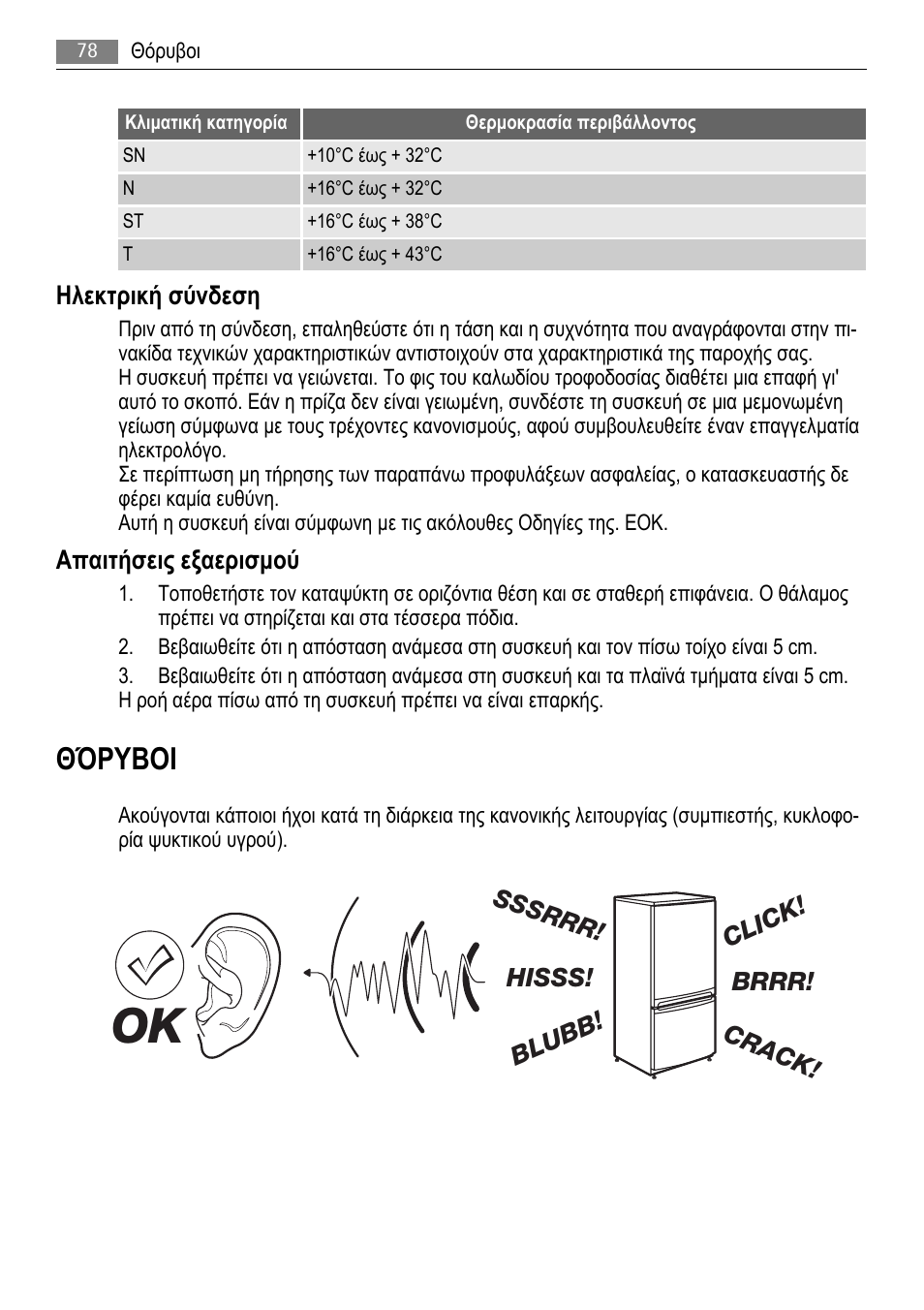 Θόρυβοι, Ηλεκτρική σύνδεση, Απαιτήσεις εξαερισμού | AEG A51100HSW0 User Manual | Page 78 / 84